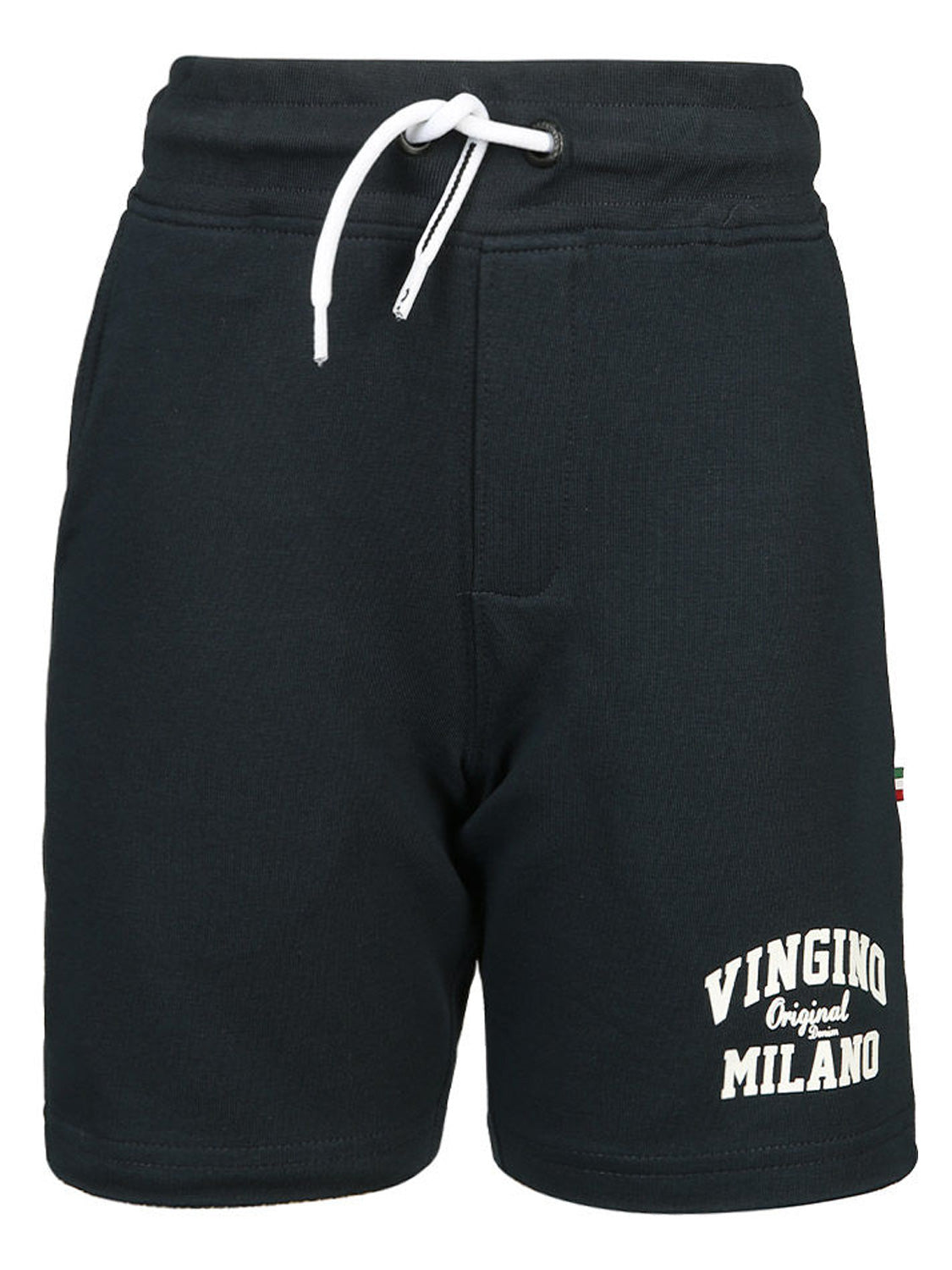 Schwarze Sweat-Shorts B-LOGO mit weißem VINGINO Original Denim MILANO-Aufdruck auf dem rechten Bein, ideal für Kinder und Teenager im stilvollen Design.
