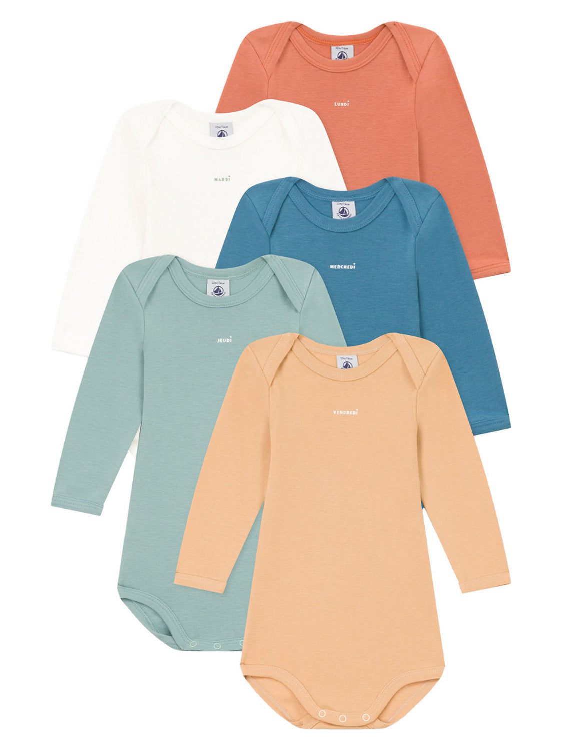 Langarm-Body WEEKDAYS 5er Pack in bunt bunt: Ein Stapel langärmeliger Babybodys mit französischen Wochentagen bedruckt, ideal für stilvolle Babymode von bellybutton.
