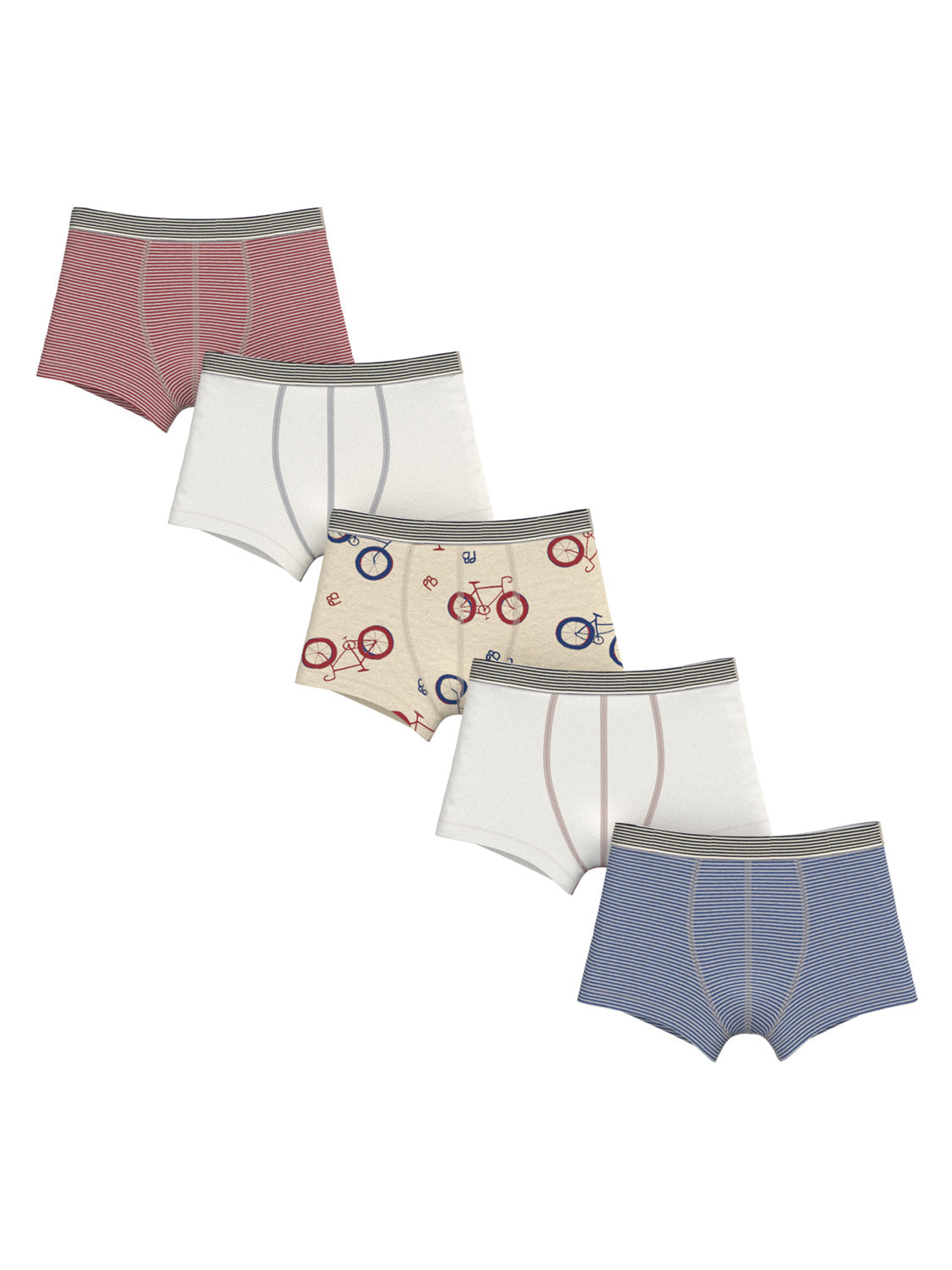 Boxershorts BICYCLETTE 5er-Set in bunt bunt, mit Designs wie Streifen, Uni-Farben und Fahrradmuster, alle mit gestreiftem Bund, perfekt für stilbewusste Männer.