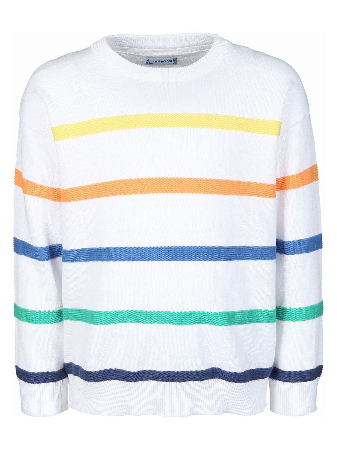 Pullover COLOR STRIPES in bunt bunt: Weißer Strickpullover mit langen Ärmeln und gleichmäßig verteilten horizontalen Streifen in verschiedenen Farben, ideal für stilvolle Kindermode.