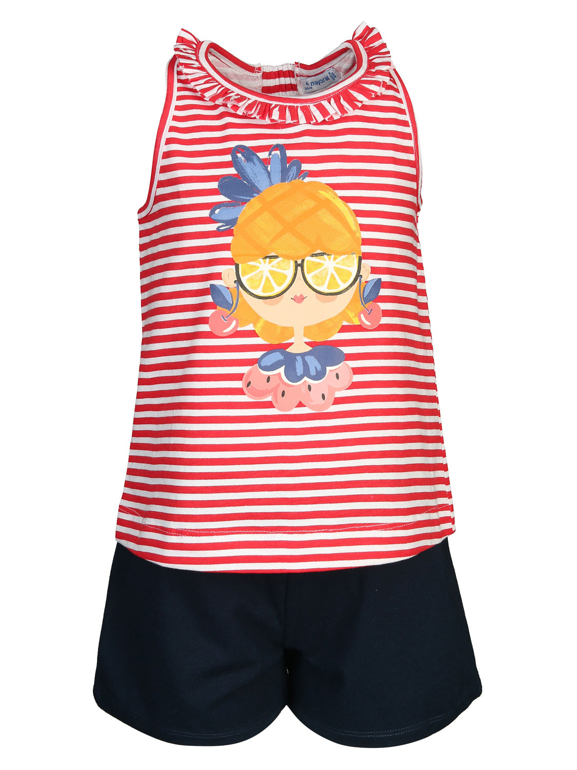 Zweiteiliges Kinderoutfit Shorts PINEAPPLE mit rot-weiß gestreiftem Tanktop mit Ananas-Motiv und navyblauen Shorts, ideal für sommerliche Tage bei bellybutton.