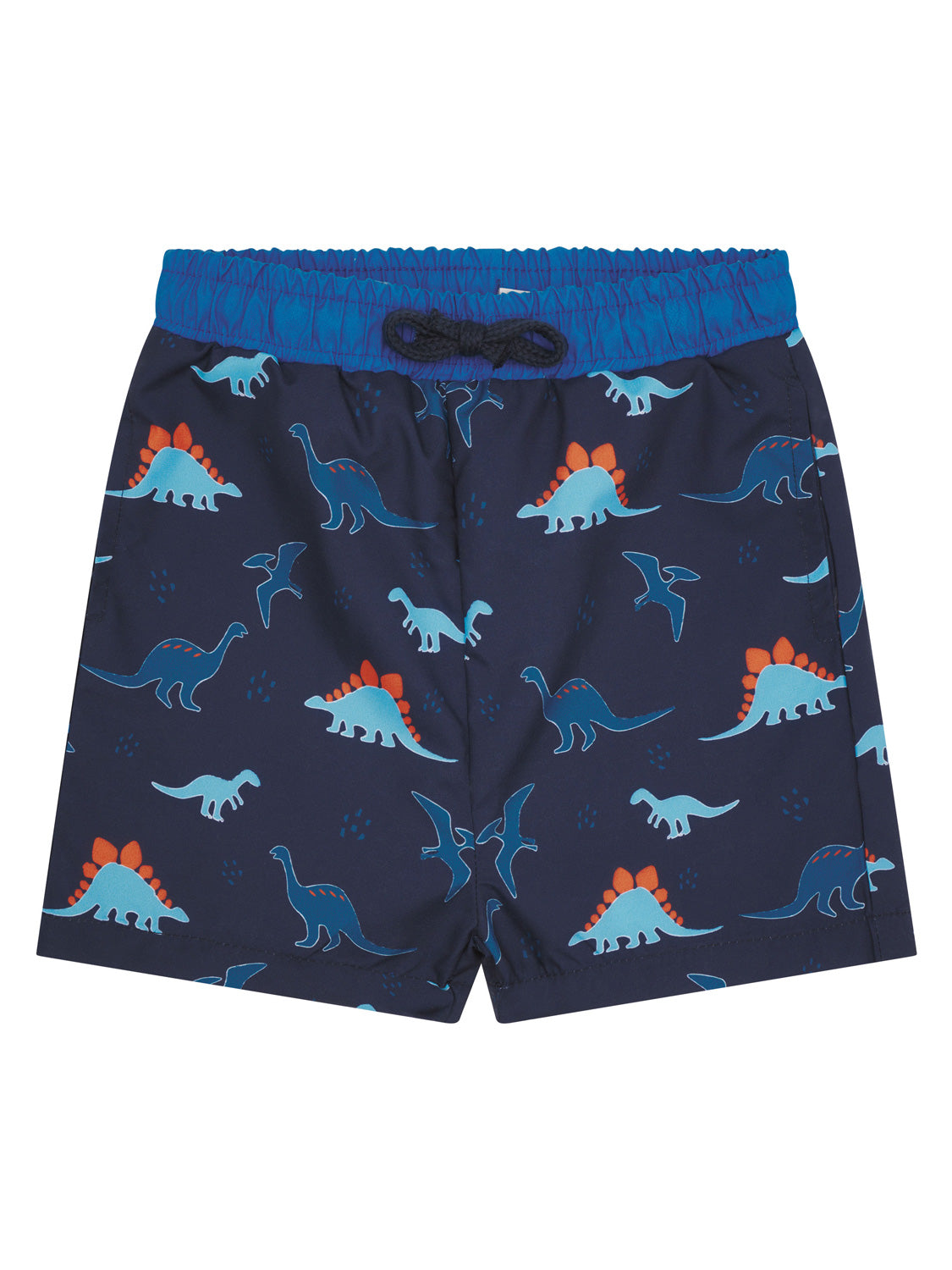 Badeshorts DINO FIETE in steiff navy, elastischer Bund mit Kordelzug, mit stilisierten Dinosauriern bedruckt. Perfekt für Kinder, erhältlich bei bellybutton, dem Shop für Babymode und Kindermode.
