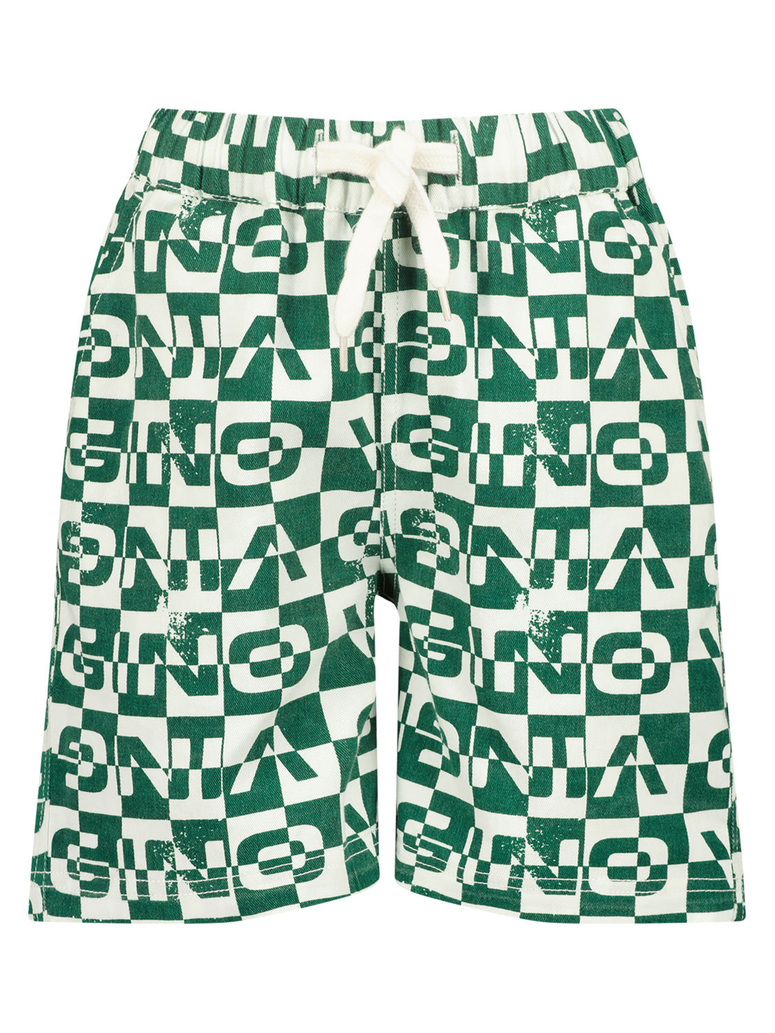 Bermudas RAFIE in Flaschengrün, knielange Shorts mit grün-weißem Gittermuster und GINO-Schriftzug, elastischer Bund mit weißem Kordelzug, ideal für lässigen Kinderlook.