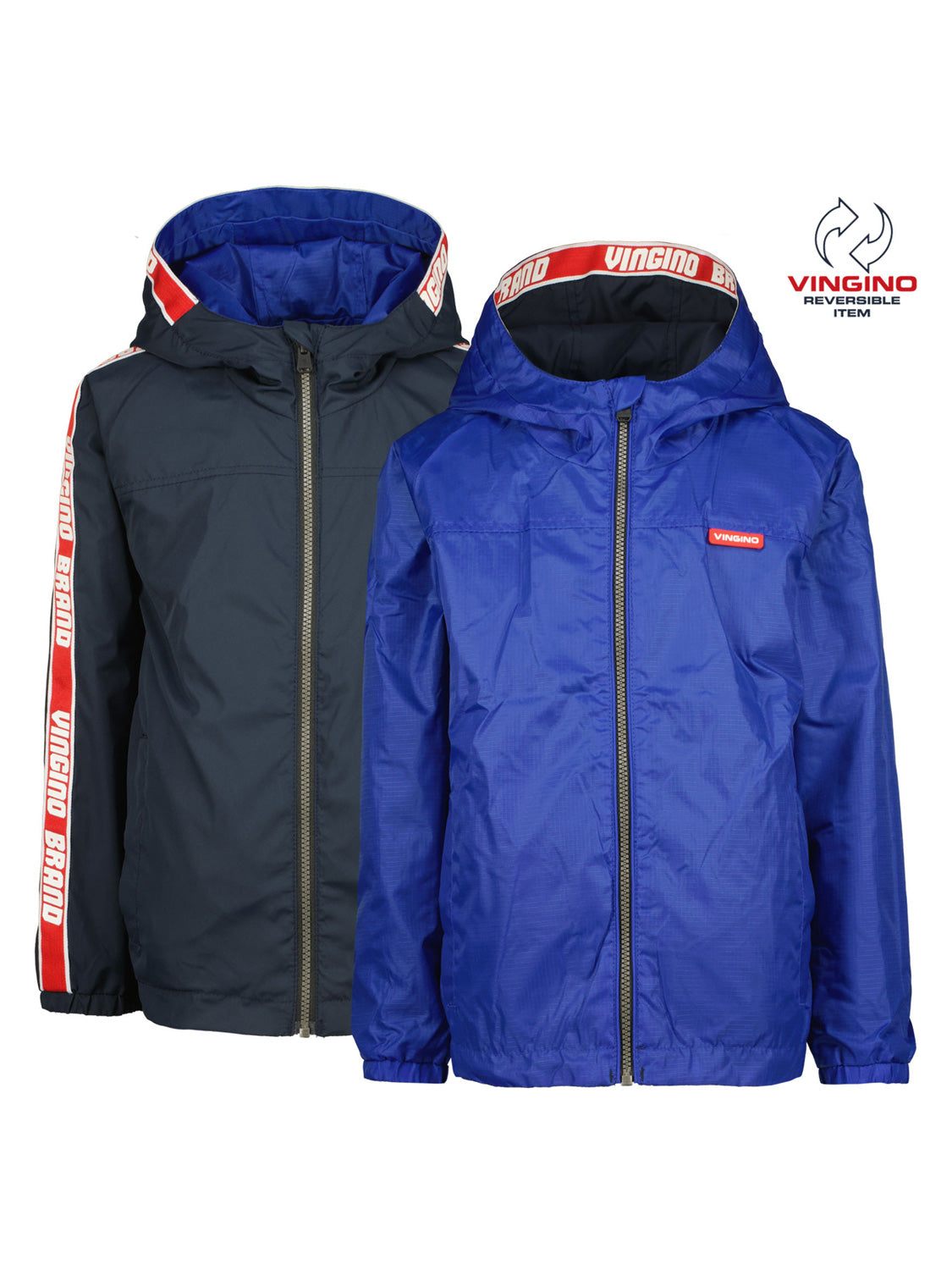 Vingino Jacke TAPE: Wendejacke mit Kapuze, dunkel mit rotem Ärmelband, umkehrbar zu leuchtend blau, ideal für modische Kinder und Jugendliche.