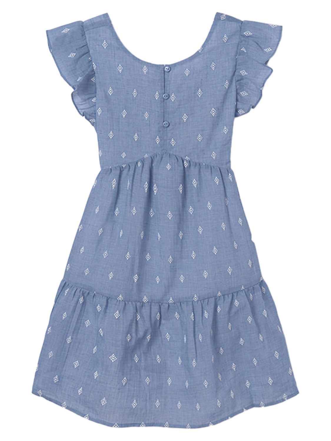Kleid MINI PRINT in lavendel lavendel mit weißen Rautenmuster, kurzen Flatterärmeln, Rundhalsausschnitt und gestuftem Rock, ideal für einen stilvollen, bequemen Look.