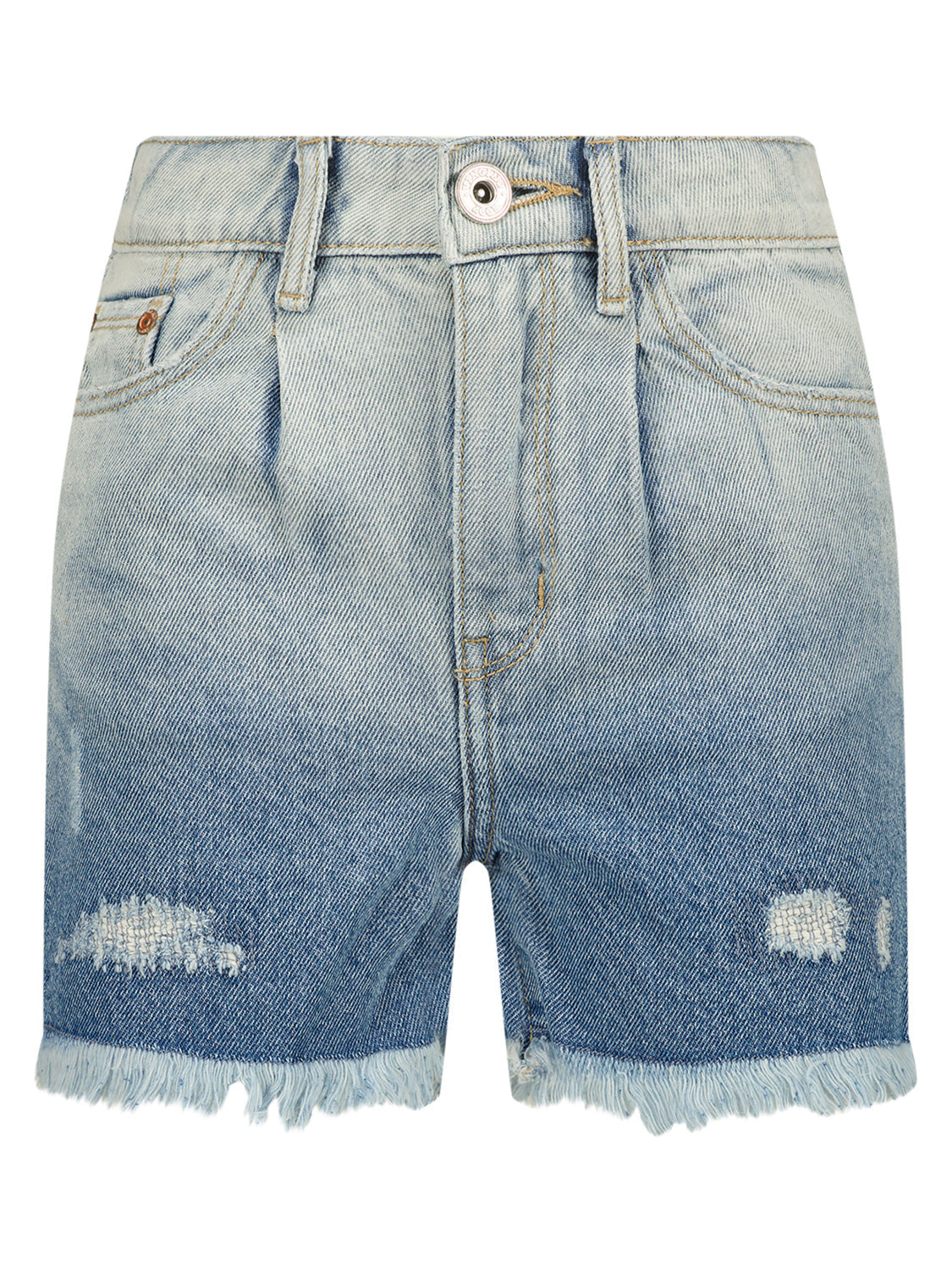 Jeans-Shorts DEWI DIP in Midbluewash: Hellblaue, hochtaillierte Denim-Shorts mit Knopf-Zip-Verschluss, Gürtelschlaufen, Taschen, Coin-Pocket, distressed Details und ausgefranstem Saum für einen lässigen Look.