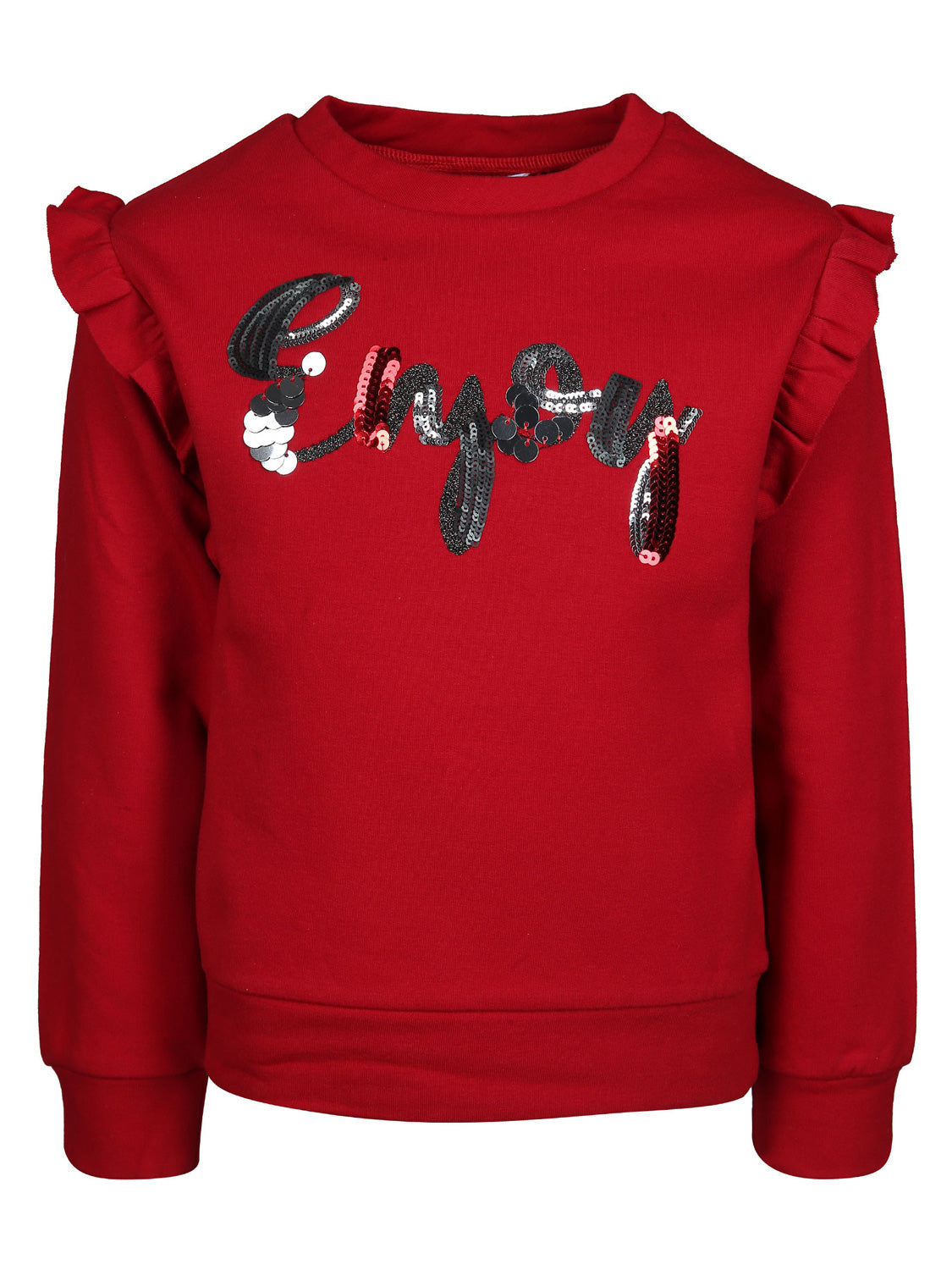 Kinder-Sweatpullover ENJOY in rot mit Rüschen an den Schultern, Pailletten-Schriftzug „Enjoy“ auf der Brust, Rundhalsausschnitt und gerippte Bündchen.
