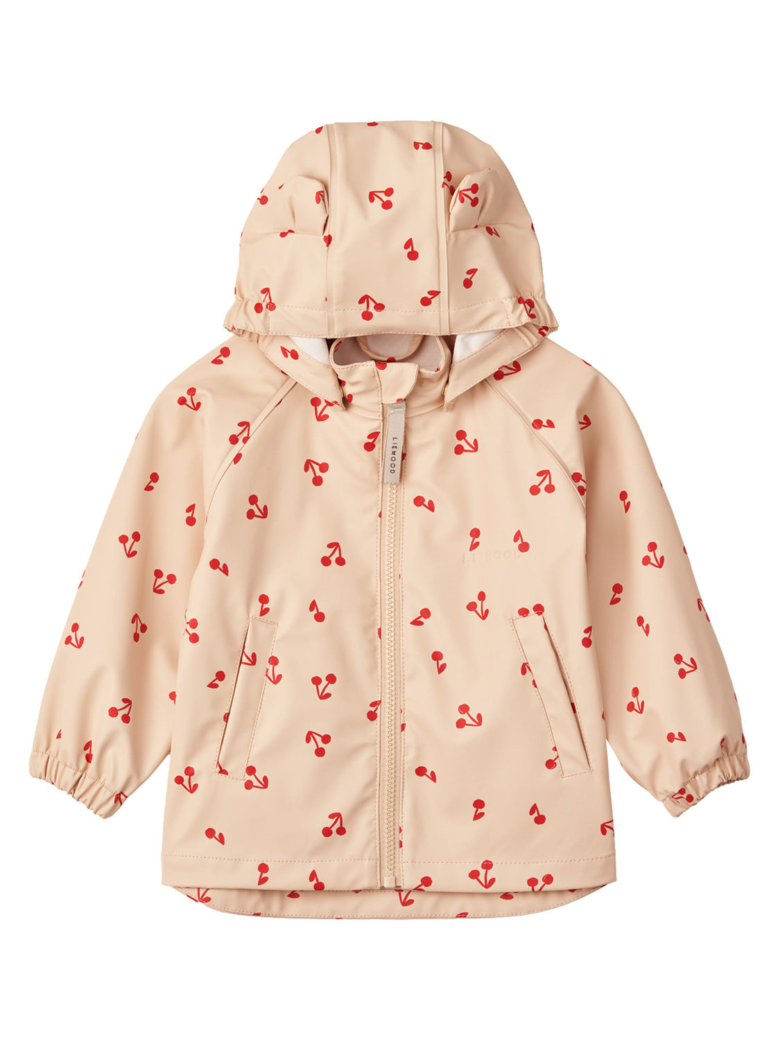 Regenjacke MELODI CHERRIES in apple blossom: Kinder-Regenjacke mit Kapuze, Zipper, Taschen und elastischen Bündchen, bedruckt mit roten Kirschmotiven. Perfekt für jedes Wetter.