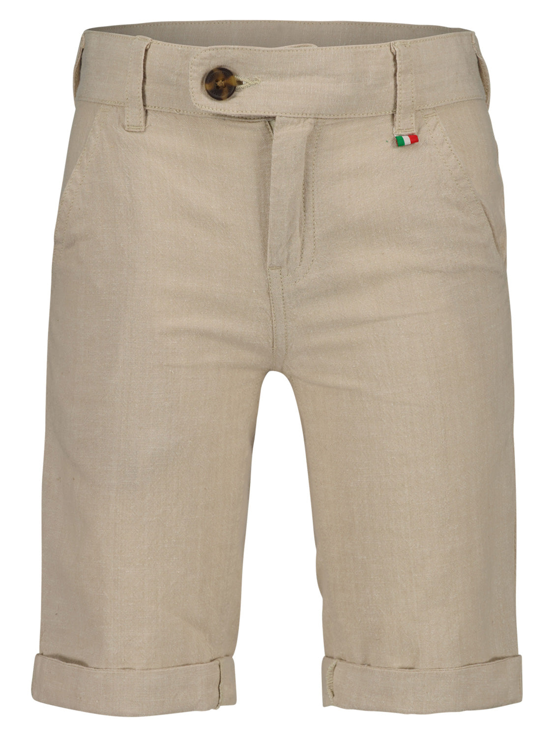 Shorts RAI in beach sand mit Knopfverschluss und umgeschlagenen Bündchen, italienisches Flaggenetikett an der Tasche, ideal für legeren Sommerstil bei bellybutton erhältlich.