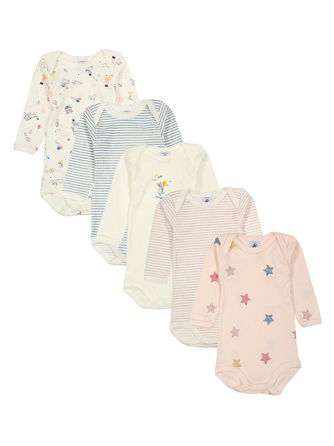 Langarm-Body LAPINVOL 5er-Pack in bunt bunt zeigt fünf Baby-Bodys in sanften Pastellmustern, ideal für stilvolle und bequeme Babykleidung von bellybutton.
