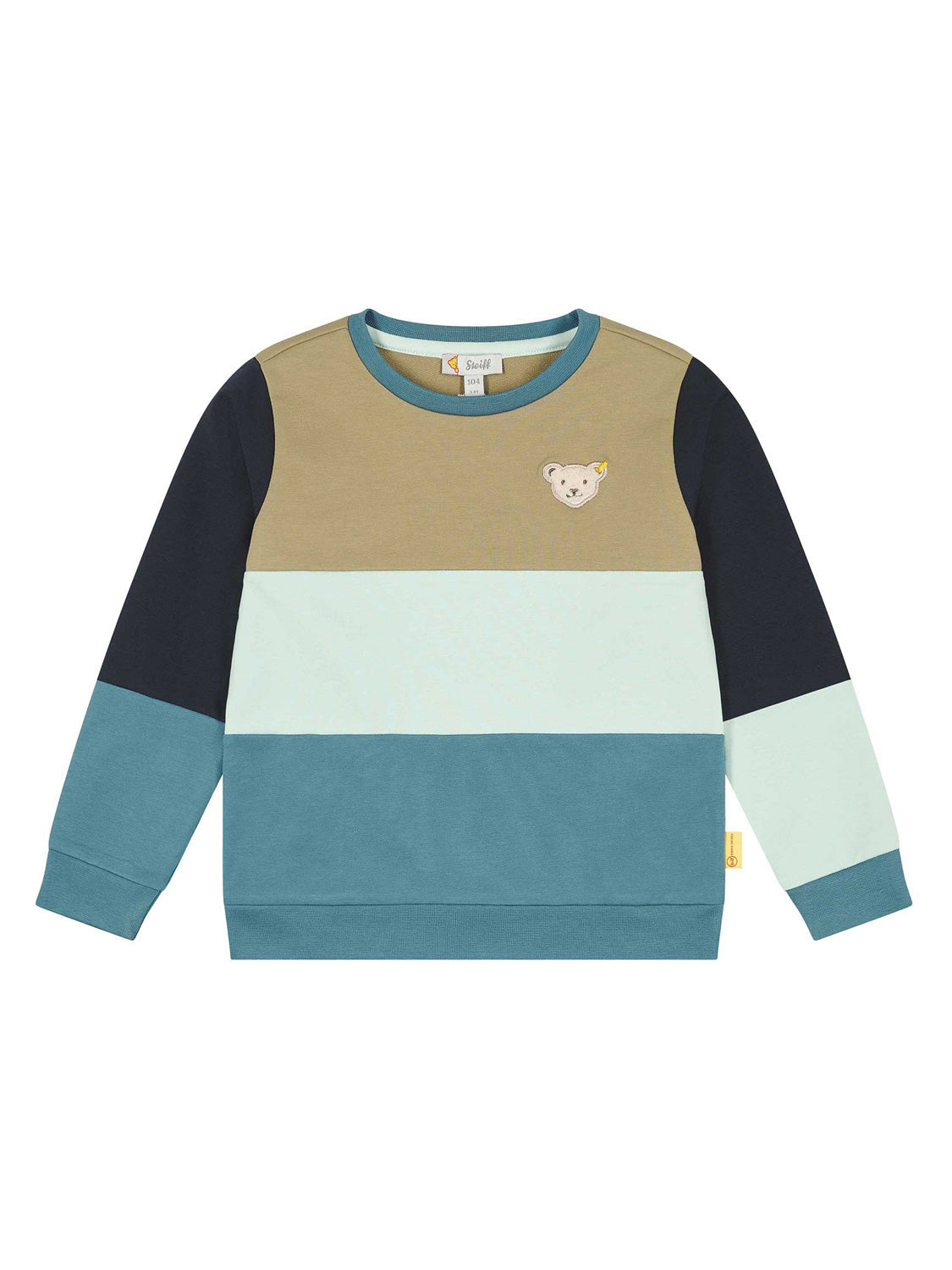 Kinder-Sweatshirt Mehrfarbig mit breiten Blockstreifen und Steiff-Bärenlogo auf der Brust, ideal für modische Kindermode von bellybutton.