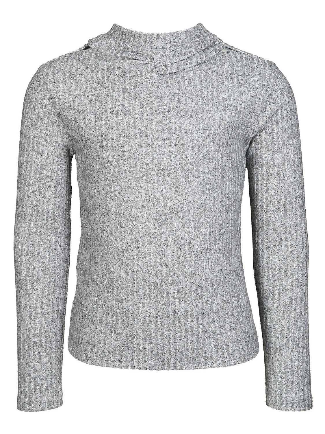 Pullover Grau: Damen-Rippenstrickpullover mit hohem Rundhalsausschnitt und leicht taillierter Passform, ideal für stilvolle Outfits an kühleren Tagen.