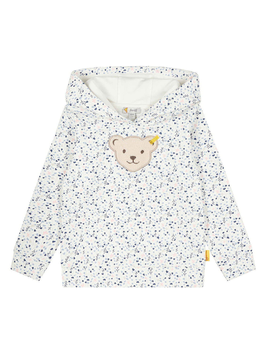 Kinderpullover Hoodie Weiß mit langärmligem Design und blau-rosa Blumenmuster, Teddy-Applikation auf der Brust. Innenfutter der Kapuze einfarbig. Marke: Steiff.
