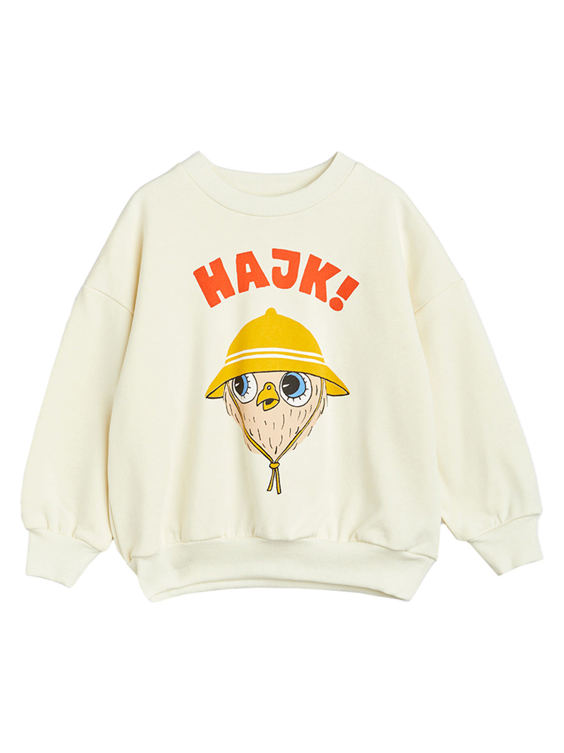 Cremeweißes Sweatshirt mit Cartoon-Vogel und HAJK!-Schriftzug, gelber Hut, entspannter Schnitt, ideal für Kinder. Perfekt für Komfort und Stil im Alltag.