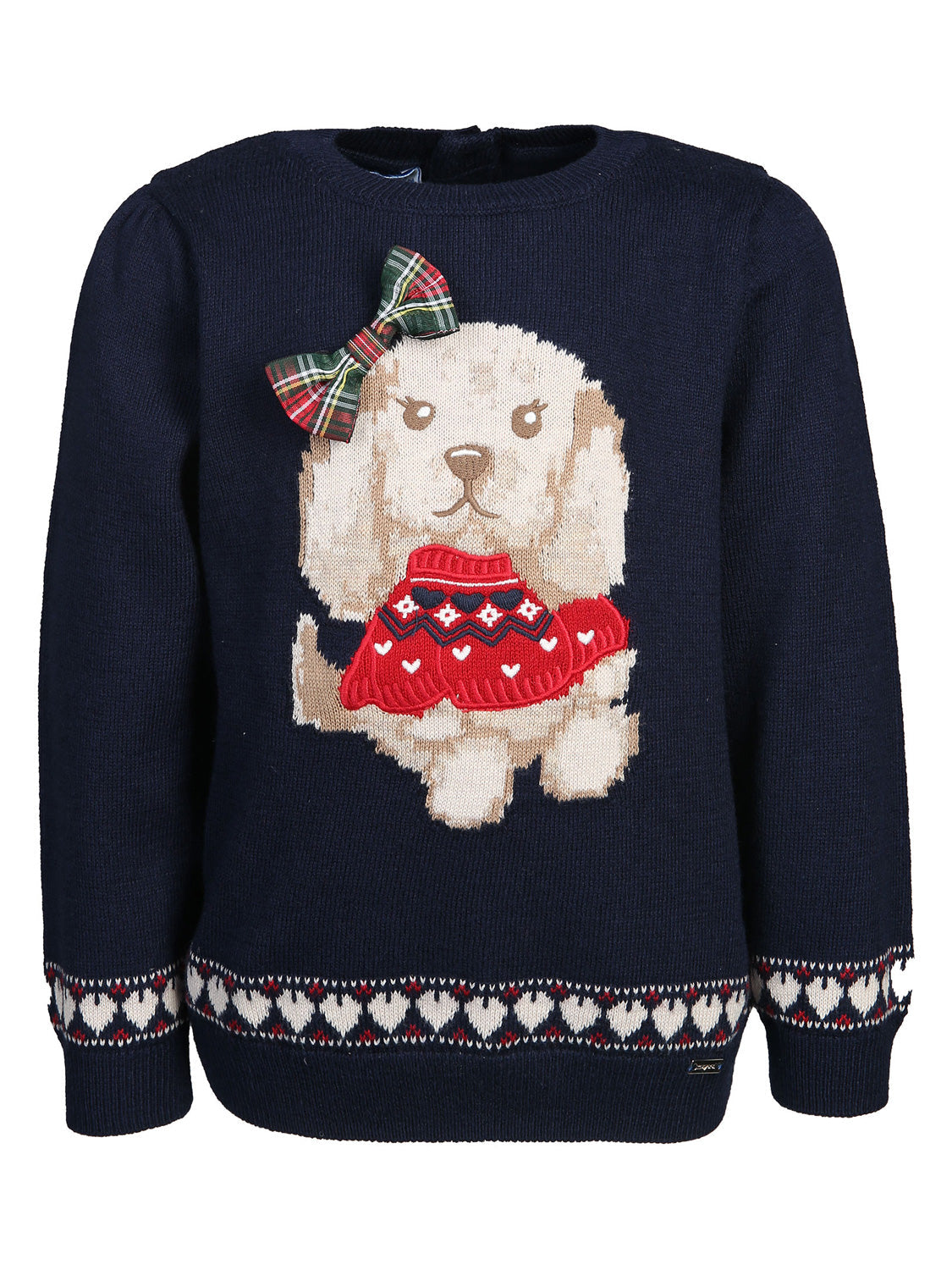 Pullover Marineblau: Kinderpullover mit niedlichem Welpenmotiv im roten Fair Isle-Pullover und Tartanschleife. Herzmusterband an Saum und Bündchen. Ideal für stilvolle Kindermode von bellybutton.