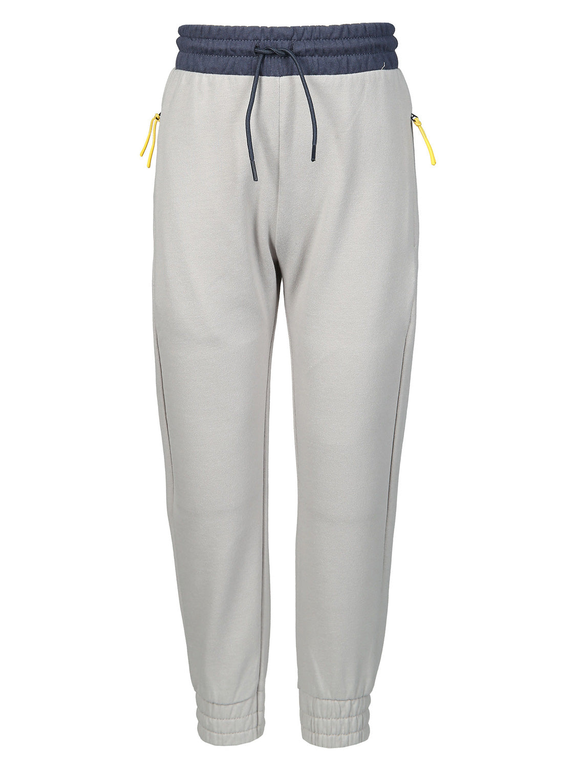 Jogginghose Grau mit navy Bündchen, gelben Reißverschlusszügen an Seitentaschen und elastischen Bündchen, ideal für einen lässigen, stilvollen Look aus der bellybutton Kollektion.