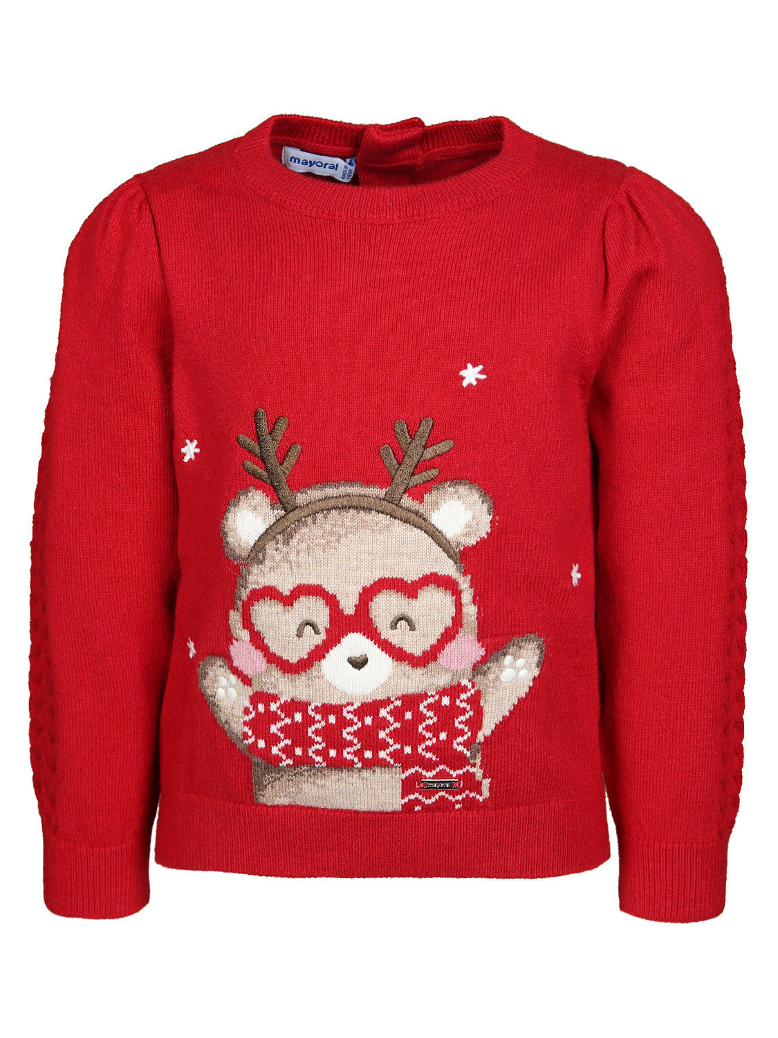 Pullover Rot: Kinder-Strickpullover von Mayoral mit Cartoon-Bär/Rentier, Herzbrille, Wangenröte, Schal und Schneeflockenmotiven, ideal für modische und gemütliche Wintertage.