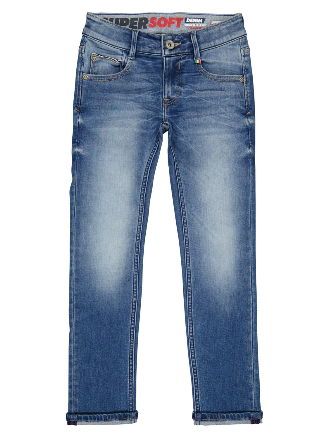 Jeans Blau mit fünf Taschen und subtilen Verwaschungen auf den Oberschenkeln, SUPERSOFT DENIM Etikett im Bund, ideal für stilbewusste Mütter und Kinder.