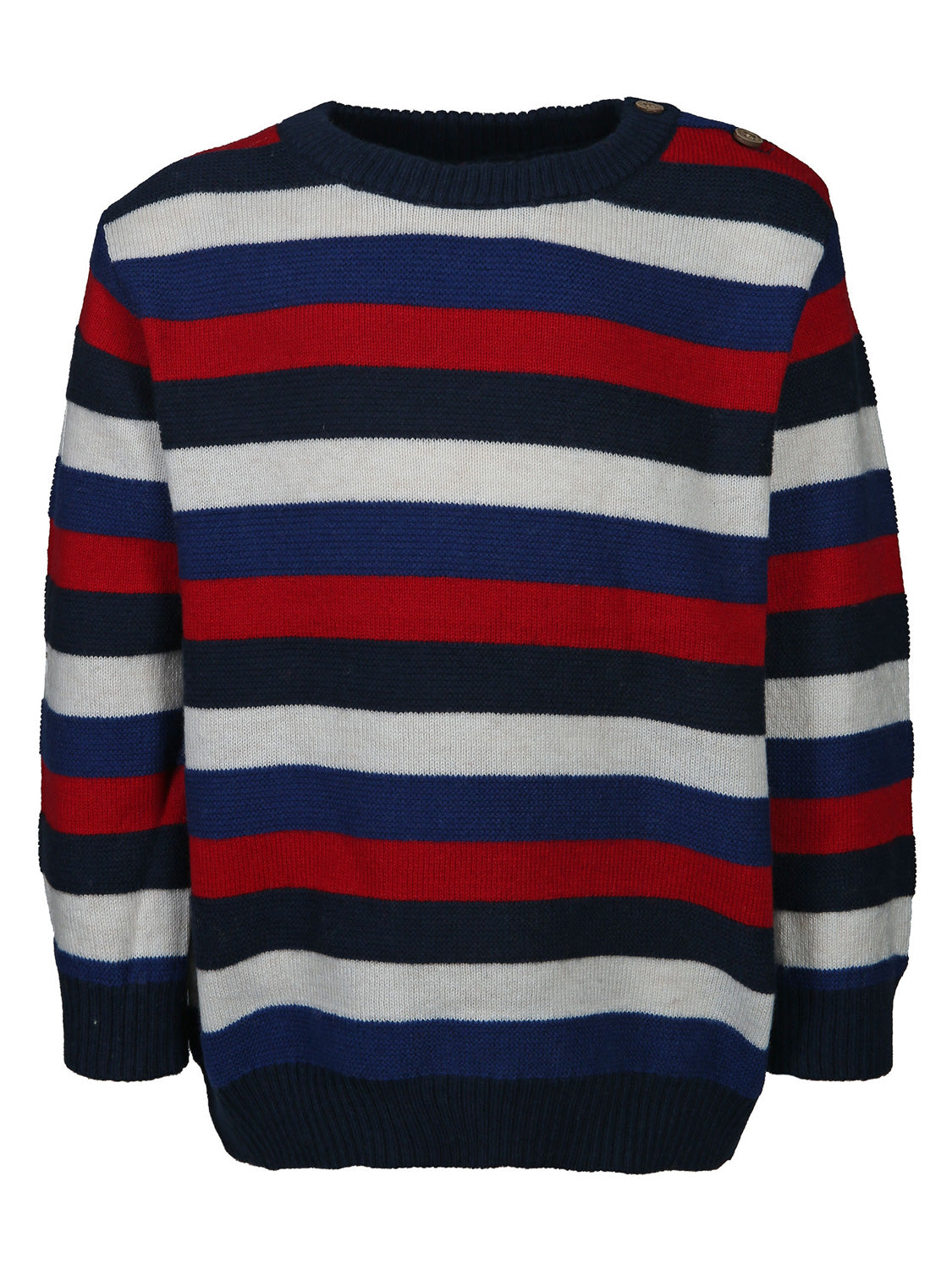 Pullover Mehrfarbig: Strickpullover mit breiten Streifen, langen Ärmeln und Zierknöpfen an einer Schulter. Gerippter Rundhalsausschnitt, Bündchen und Saum. Ideal für modische Kinderoutfits.