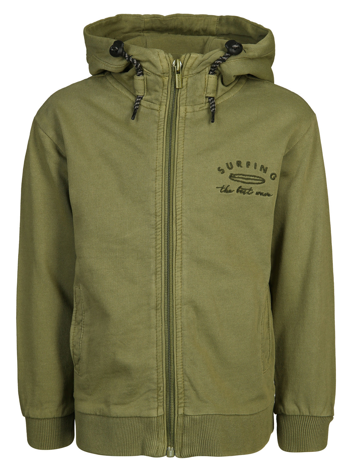 Jacke Khaki: Olive-grüner Kapuzenpullover mit Reißverschluss, Taschen, Kordelzug und SURFING-Aufdruck auf der Brust, ideal für stilbewusste Teenager.