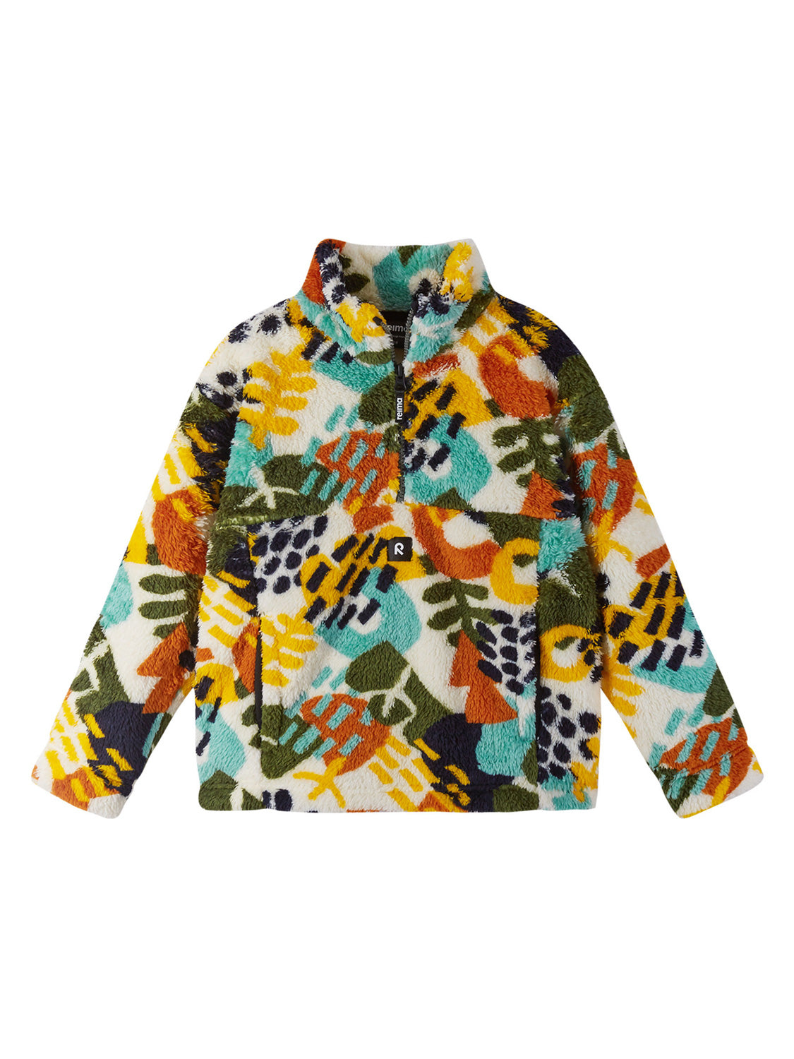 Fleece Pullover Mehrfarbig: Langärmliger hoher Kragen, halber Reißverschluss, weiches Teddy-Material, abstrakter Druck, kleiner Frontreißverschlusstasche mit Logo. Ideal für stylische Kinder- und Umstandsmode.