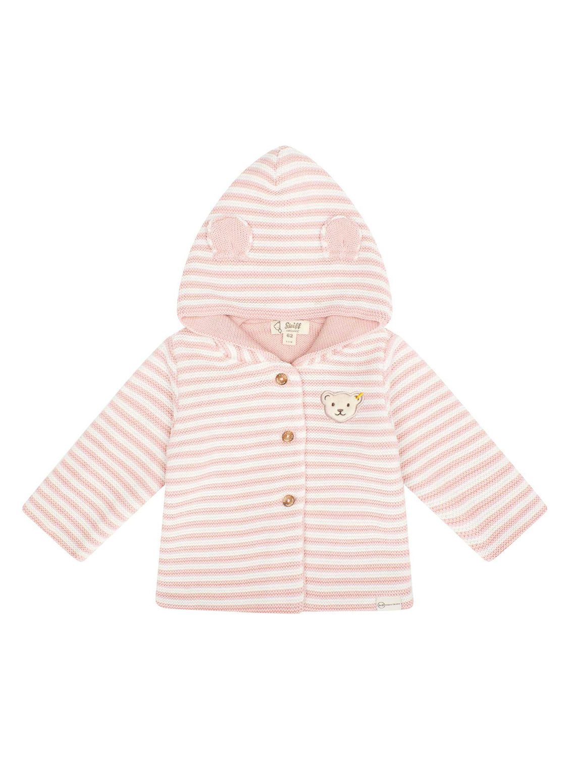 Strickjacke Rosa: Baby-Strickjacke mit Kapuze, Bärenohren und gesticktem Bärengesicht, vorn drei Holzknöpfe.