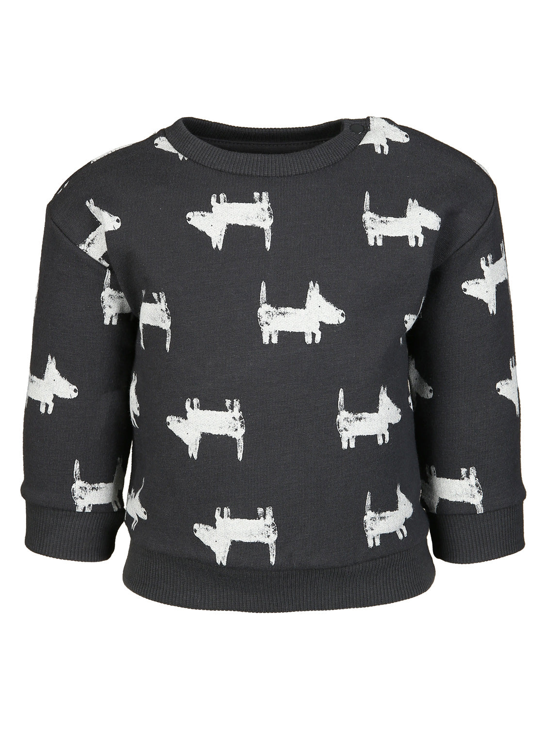 Sweatshirt Anthrazit: Langarm-Pullover für Babys mit stilisiertem weißen Hunde-Muster, ideal für modische Kindermode bei bellybutton.