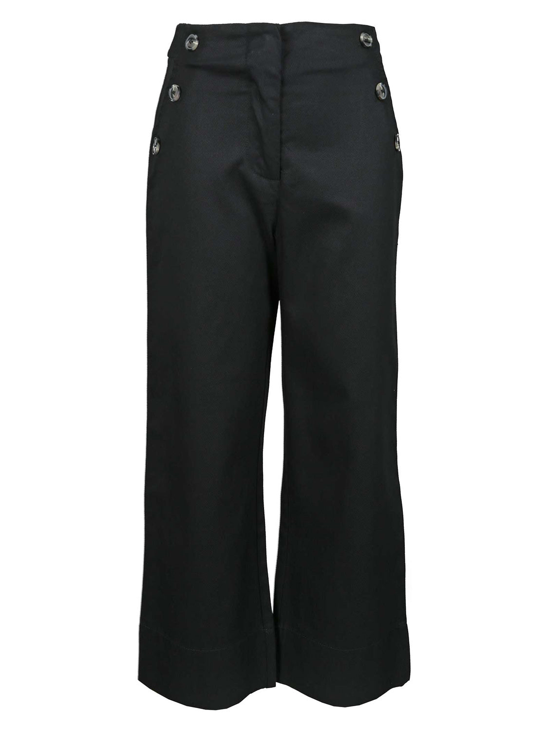 Hose Schwarz mit hoher Taille und weitem Bein, zeigt sechs Seemannsknöpfe an den Hüften und einen glatten vorderen Schnitt, ideal für individuellen Stil.