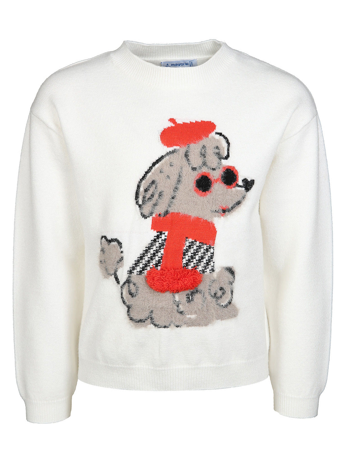 Pullover Weiß mit poodle Motiv, rotem Barett und Schal – ideal für stilvolle, kindgerechte Mode von bellybutton.