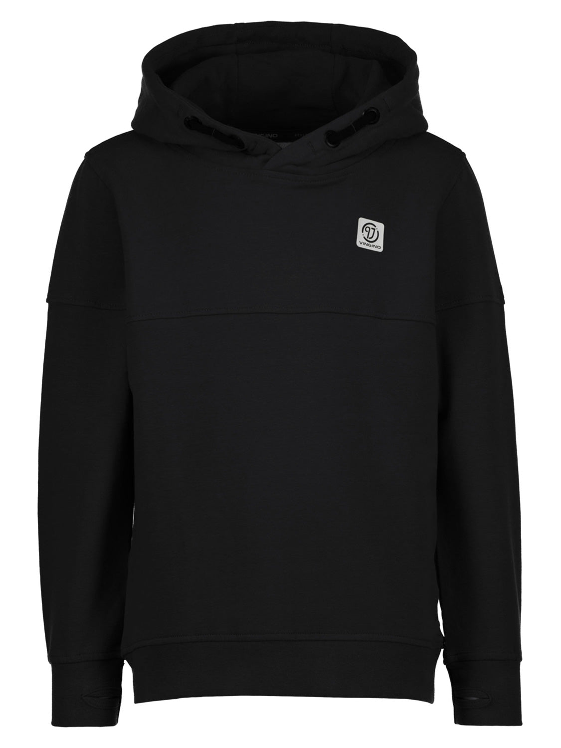 Hoodie Schwarz: Schlichter schwarzer Pullover mit kleinem „Vingino“-Logo auf der Brust, Kapuze mit Kordelzug, langen Ärmeln und gerippten Bündchen, ideal für Kinder und Teenager.