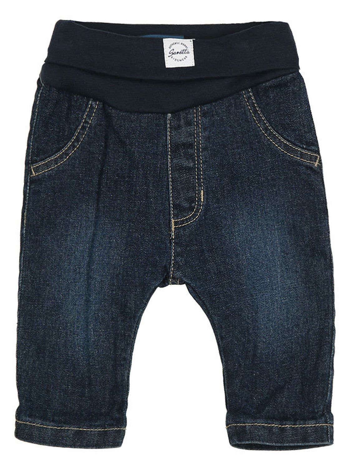 Jeans Marineblau: Dunkelblaue Jogg-Jeans für Babys oder Kleinkinder, mit weichem, elastischem Bund aus elastischer Baumwolle, ideal für Komfort und Bewegungsfreiheit.