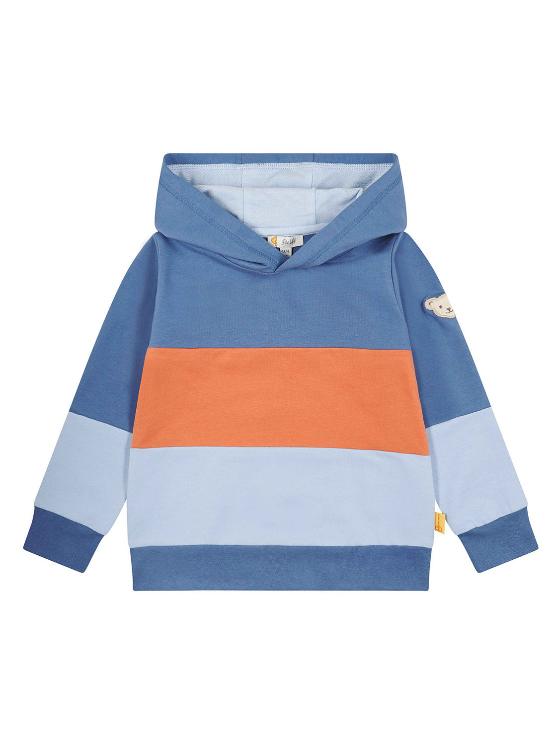 Sweatshirt Blau: Kinderpullover mit breiten Blockstreifen in Blau und Orange, langen Ärmeln, Kapuze und einem kleinen Teddybär-Patch auf dem linken Ärmel.