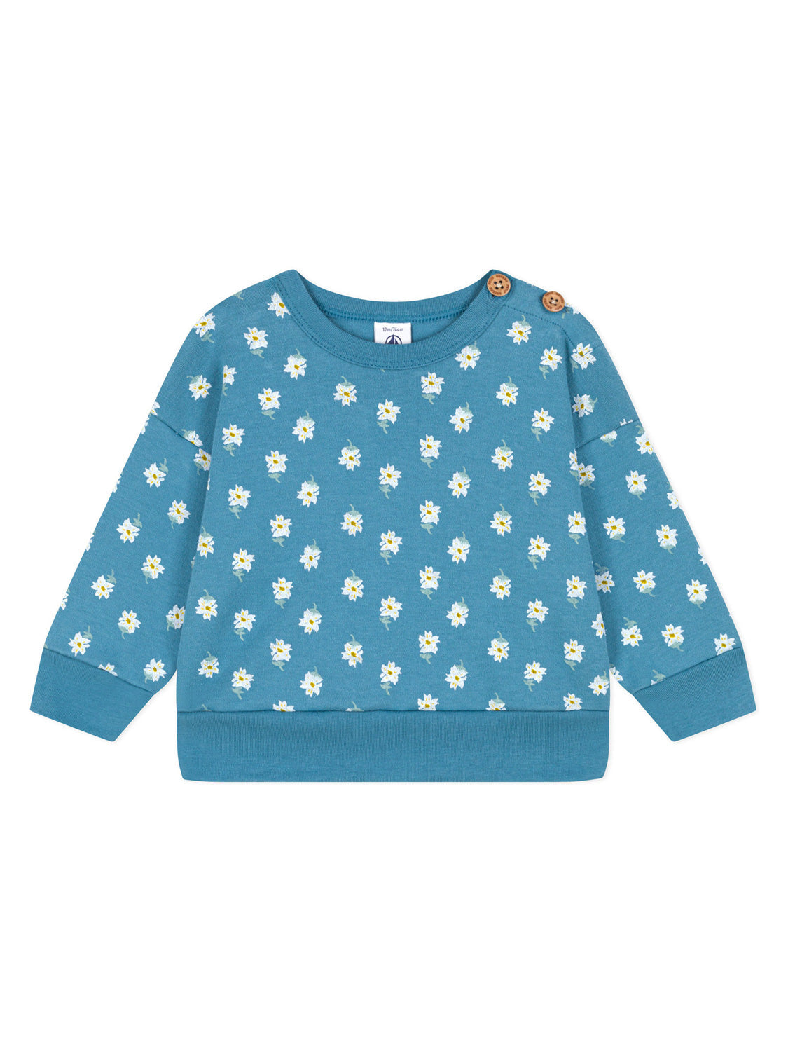 Sweatshirt Blau mit Gänseblümchenmuster, Holzknöpfen an der Schulter und gerippten Abschlüssen, ideal für Alltag und Spiel, aus weicher Baumwolle von Petit Bateau.