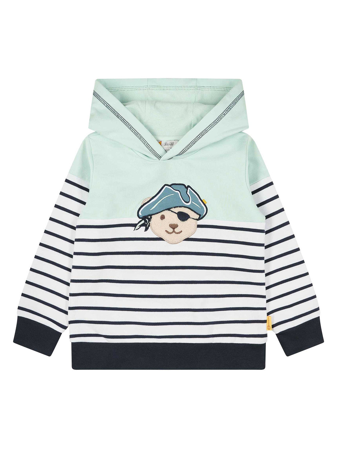 Hoodie Weiß mit mintgrüner Kapuze und Streifen, verziert mit Piraten-Bär Applikation – ideal für kleine Abenteurer von bellybutton.