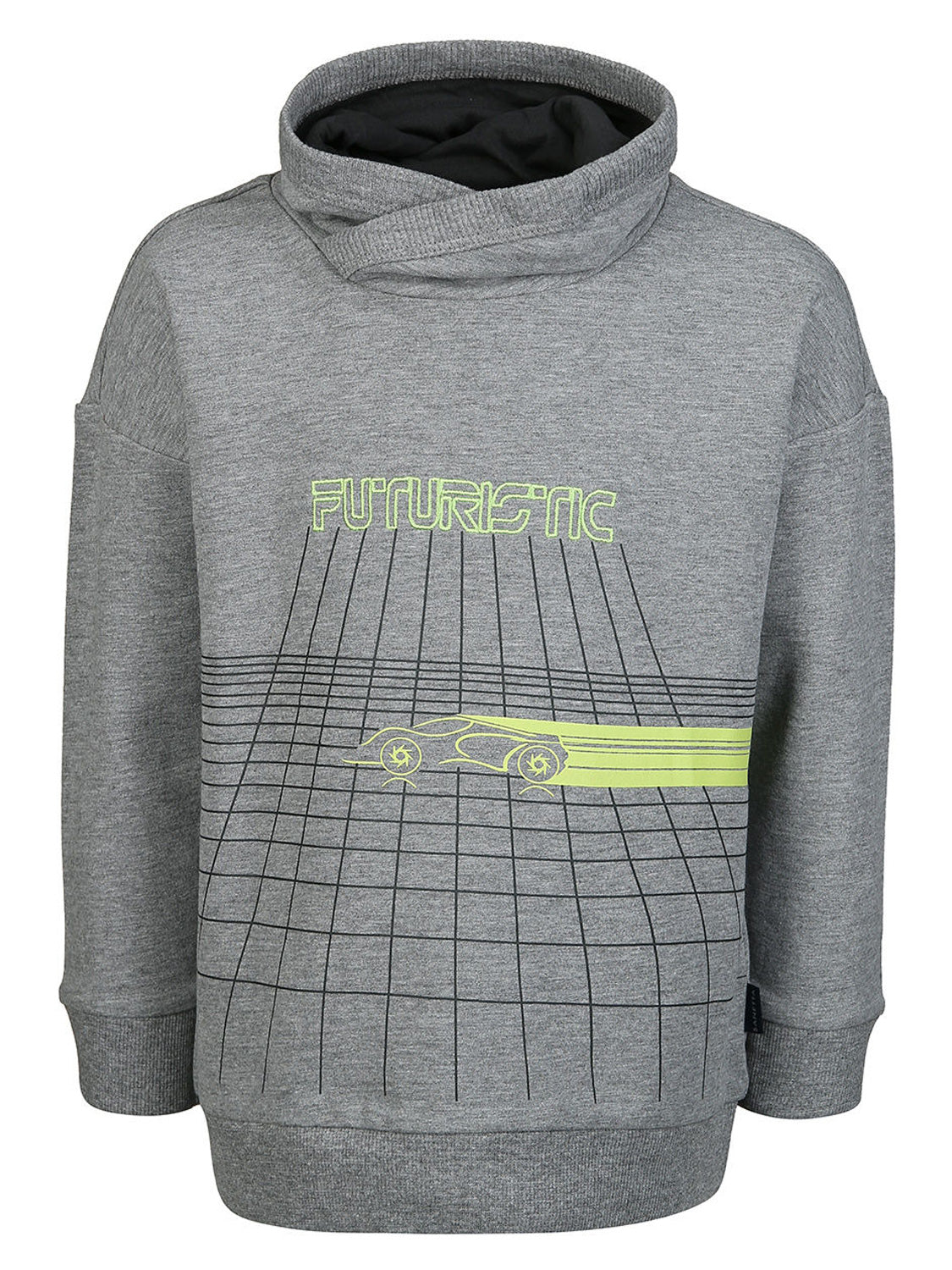 Hoodie Grau mit futuristischem Rennwagen-Design und integriertem Cowl Neck. Bequem mit UV30+ Schutz, ideal für einen coolen, modernen Look für Kinder.