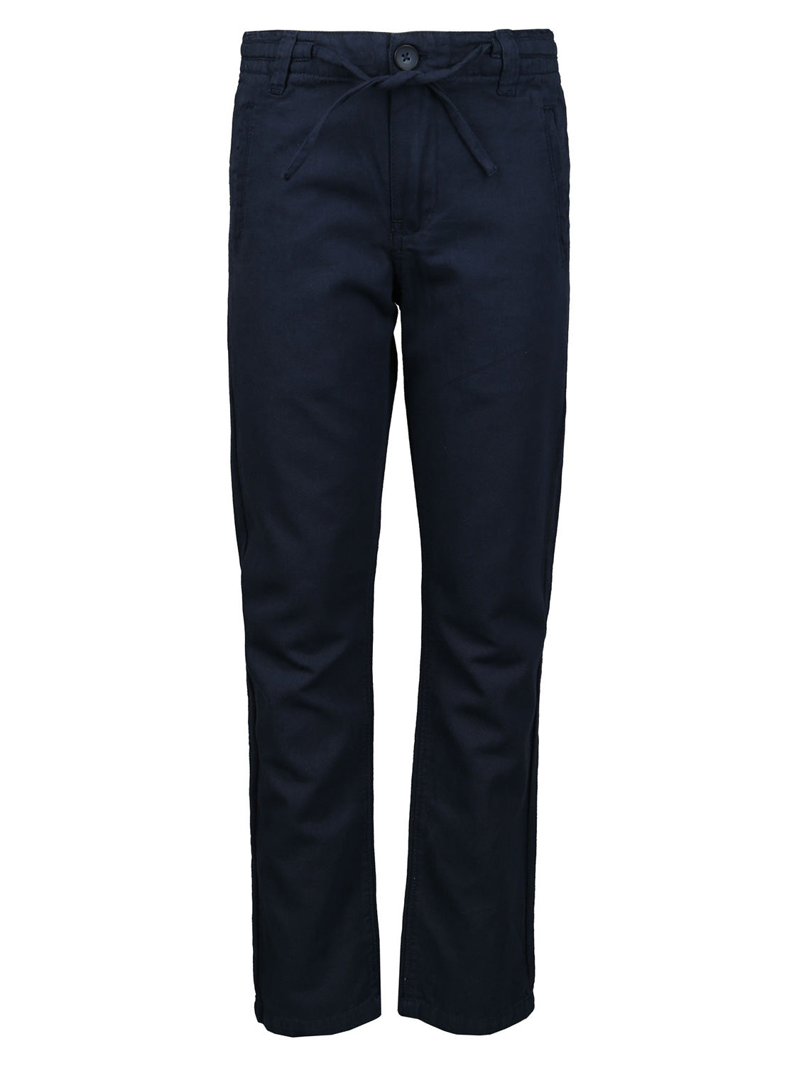 Hose Marineblau: Gerade geschnittene Chino-Hose mit Knopf- und Reißverschluss, Seitentaschen, Gürtelschlaufen und Taillen-Kordelzug. Schlichte Eleganz für Alltag und besondere Anlässe.