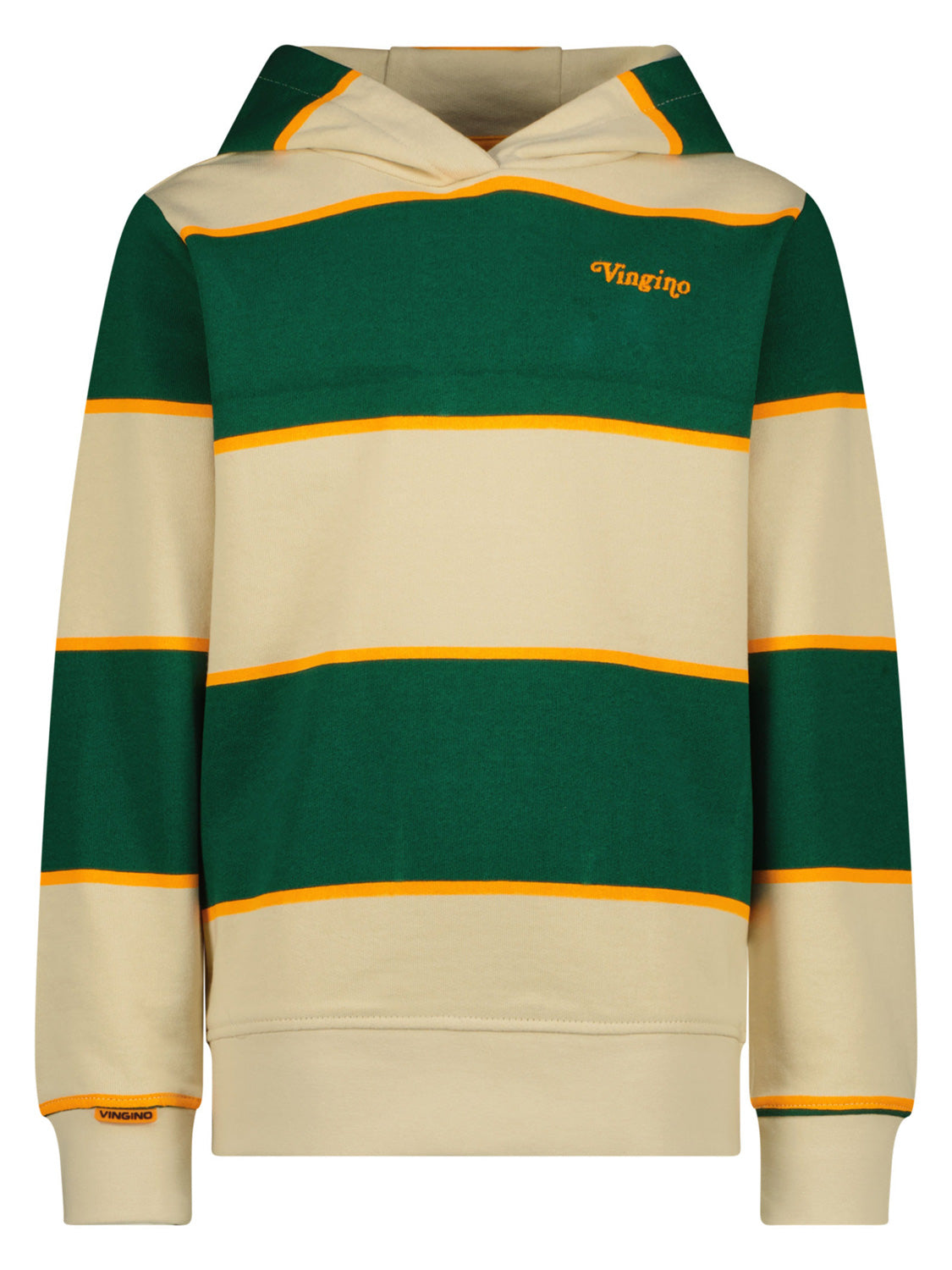 Pullover Grün: Jungen-Hoodie mit breiten dunkelgrünen und cremefarbenen Streifen, gelben Akzenten und Vingino Stickerei, ideal für vielseitige Alltagskombinationen.