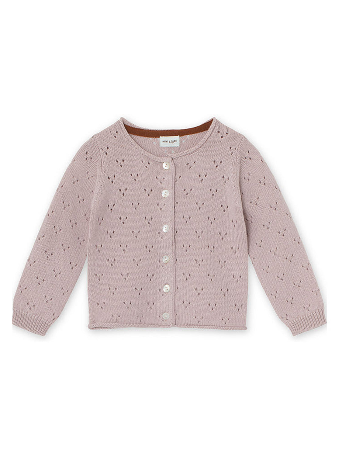 Strickjacke Rosa: Kinderstrickjacke von Mini A Ture, langärmelig mit Rundhals und zartem Ajourmuster, ideal für besondere Anlässe und gemütliche Momente.