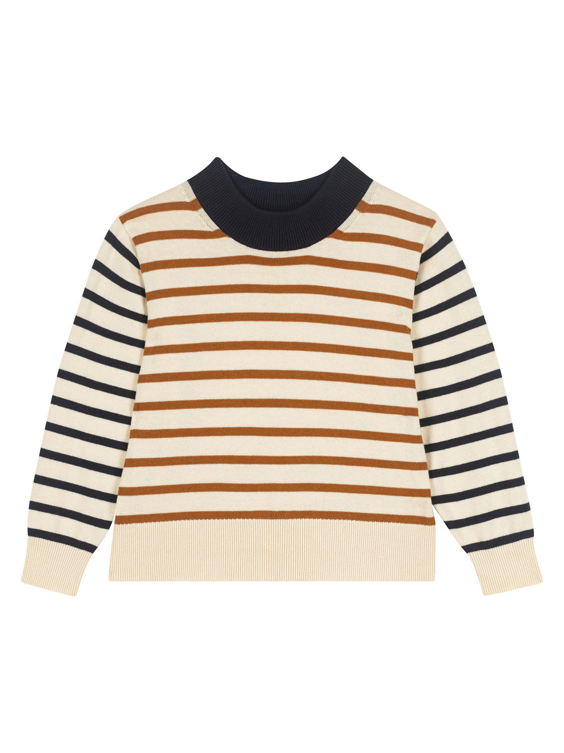 Pullover Beige: Langarm-Knit-Pullover mit rustbraunen und schwarzen Streifen, klassischem Schnitt und schwarzem, geripptem Rundhalsausschnitt. Ideal für stilvolle Alltagsmomente.