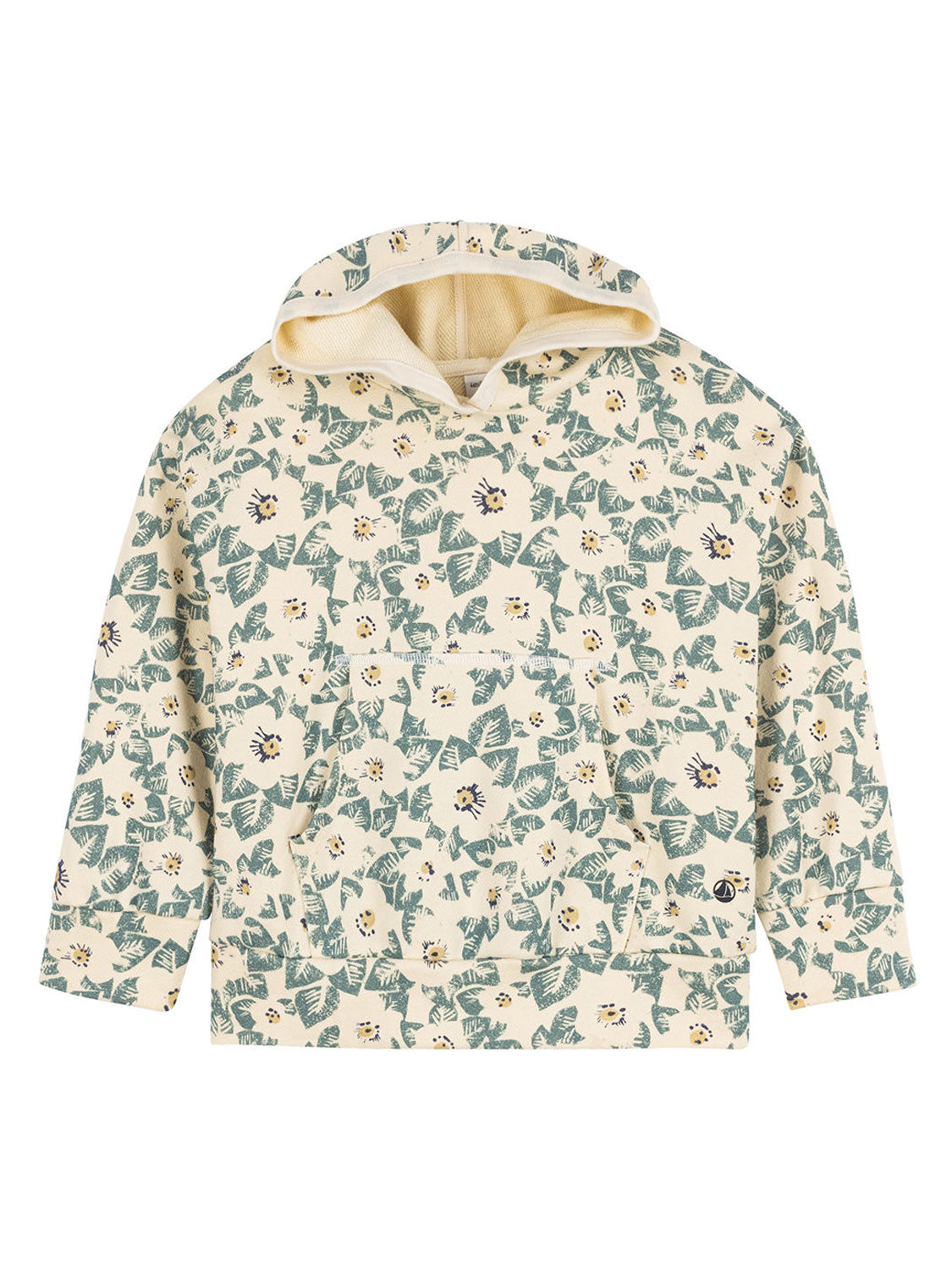 Hoodie Beige: Cremefarbener Pullover mit floralem Muster, Kängurutasche und Kapuze. Ideal für Kinder, die Komfort und verspieltes Design von Petit Bateau schätzen.