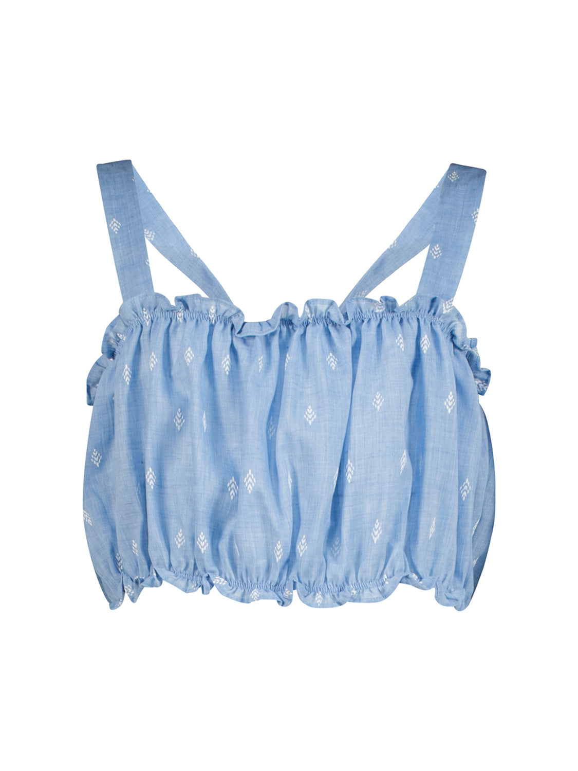 Bluse Hellblau: Ärmelloses Crop-Top mit breiten Trägern, elastischem Ausschnitt und Saum, weißem geometrischem Motiv, ideal für stilbewusste Mamas und Kinder bei bellybutton.