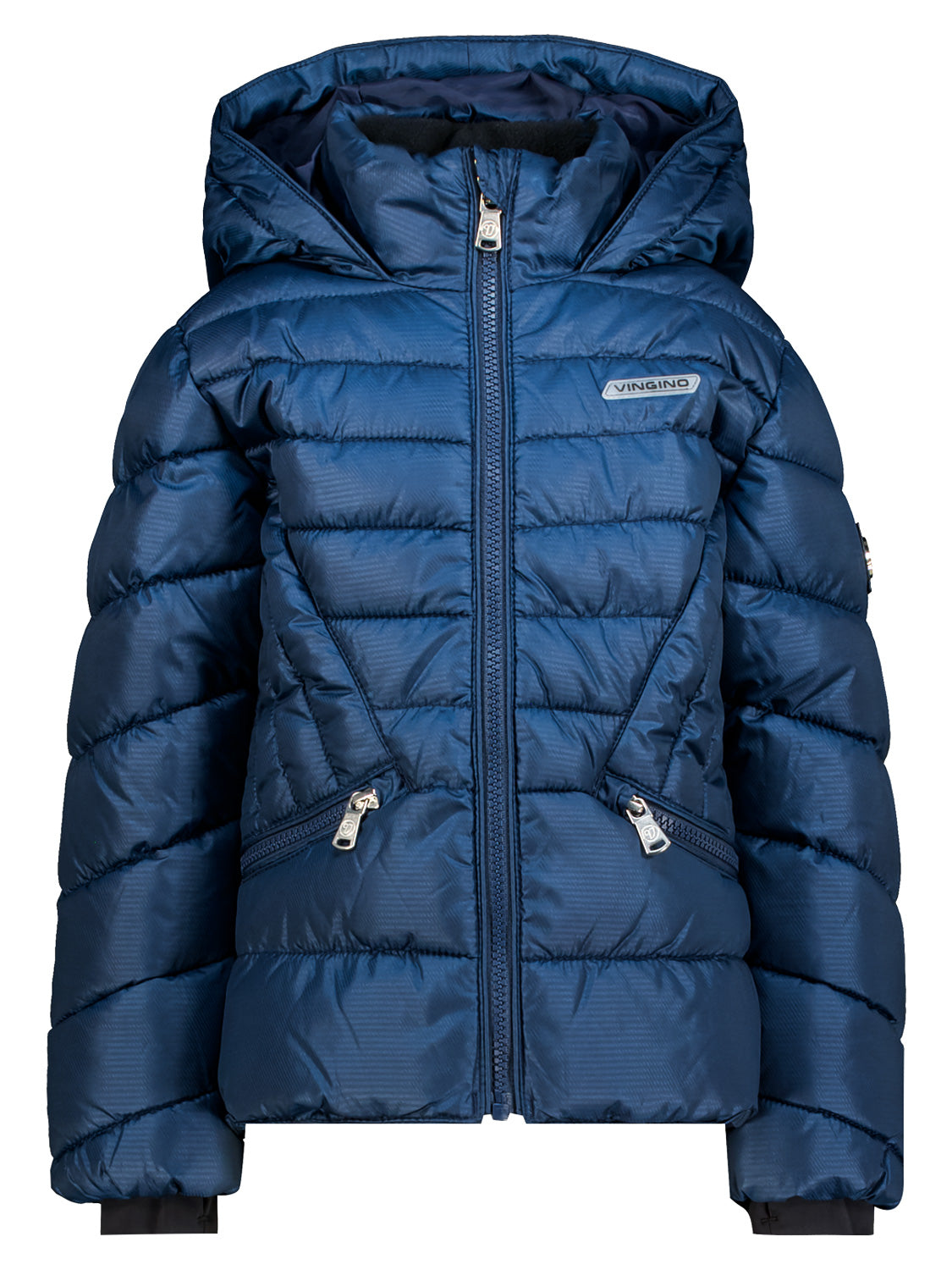 Winterjacke Marineblau: Navy-blauer, gesteppter Kapuzenjacke mit Reißverschluss, elastischen Bündchen, zwei Reißverschlusstaschen und Vingino Logo auf der Brust.