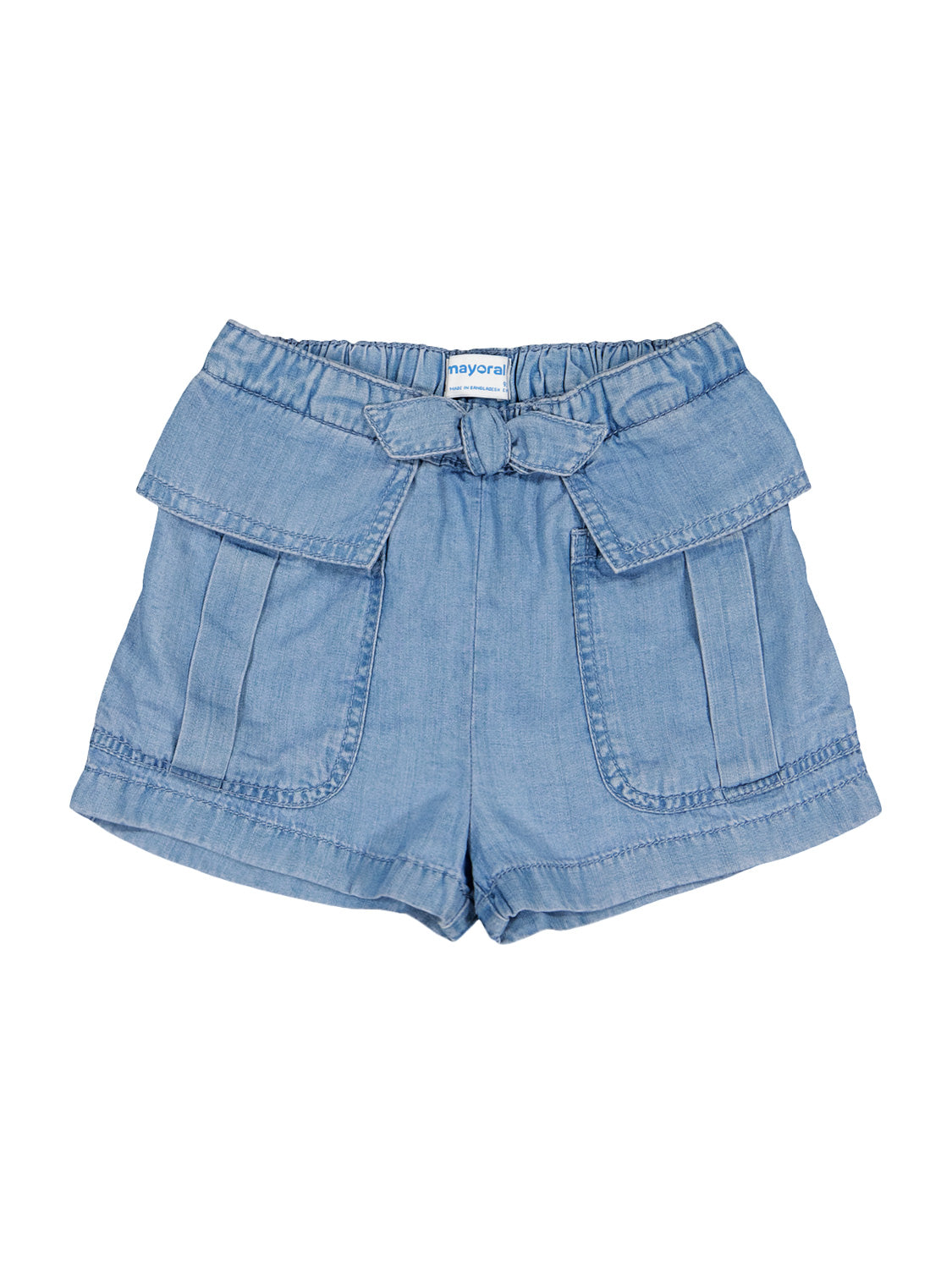 Shorts Blau von Mayoral: Leichte Chambray-Shorts mit elastischem Bund, Schleife, großen Taschen und dezenten Falten, ideal für Mädchen und Jungen.