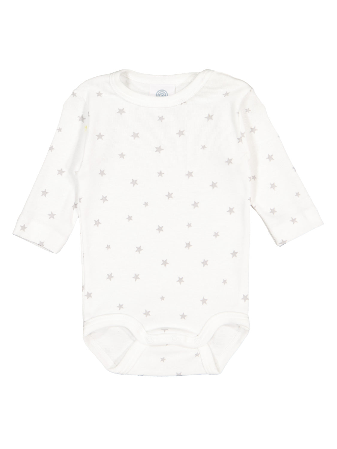 Body Weiß: Langarm-Babybody mit kleinen grauen Sternen und praktischen Druckknöpfen unten für einfachen Windelwechsel.