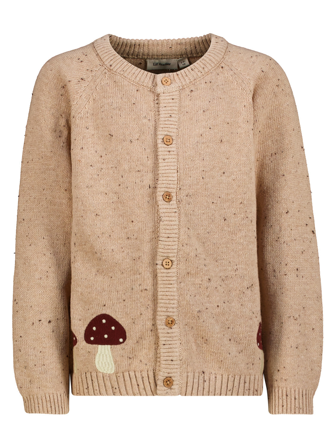 Strickjacke Camel: Hellbeiger Strick-Cardigan mit Holzknöpfen, roten Pilzmotiven am Saum, runden Ausschnitt und langen Raglanärmeln. Ideal für Babys und Kleinkinder.