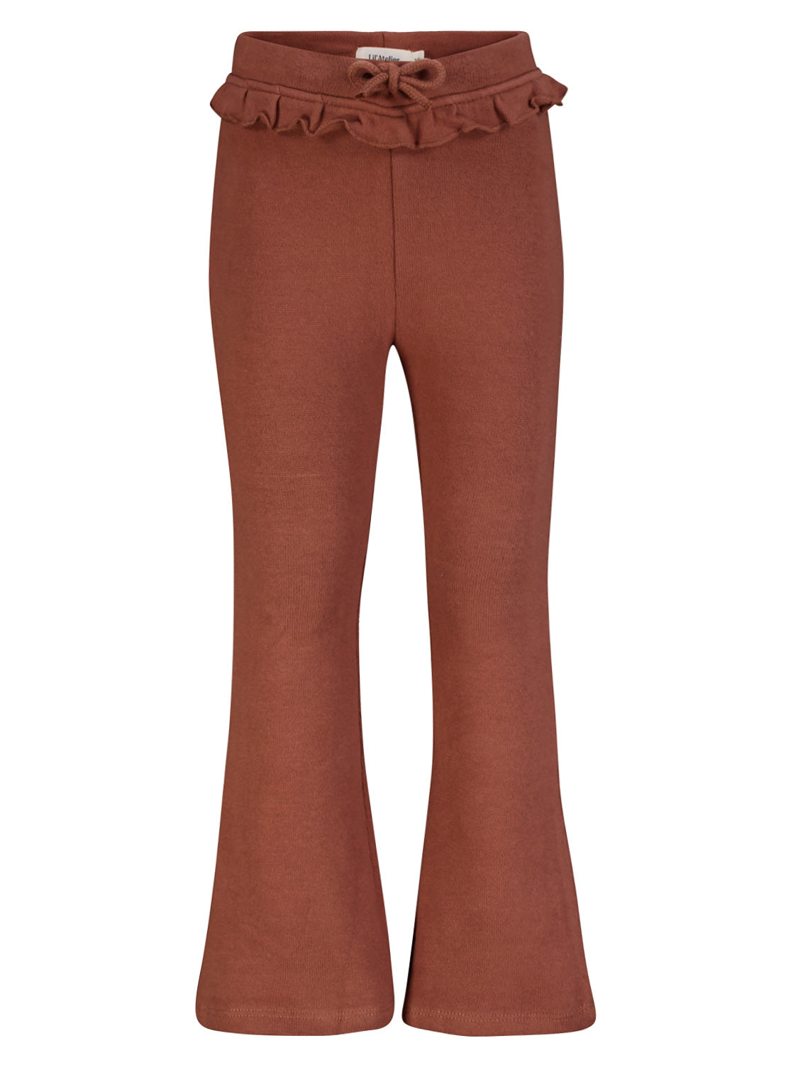 Kinderhose Braun mit leicht ausgestelltem Bein, elastischem Bund mit Kordelzug und Rüschendetail, ideal für stilvolle und bequeme Outfits kleiner Mädchen.