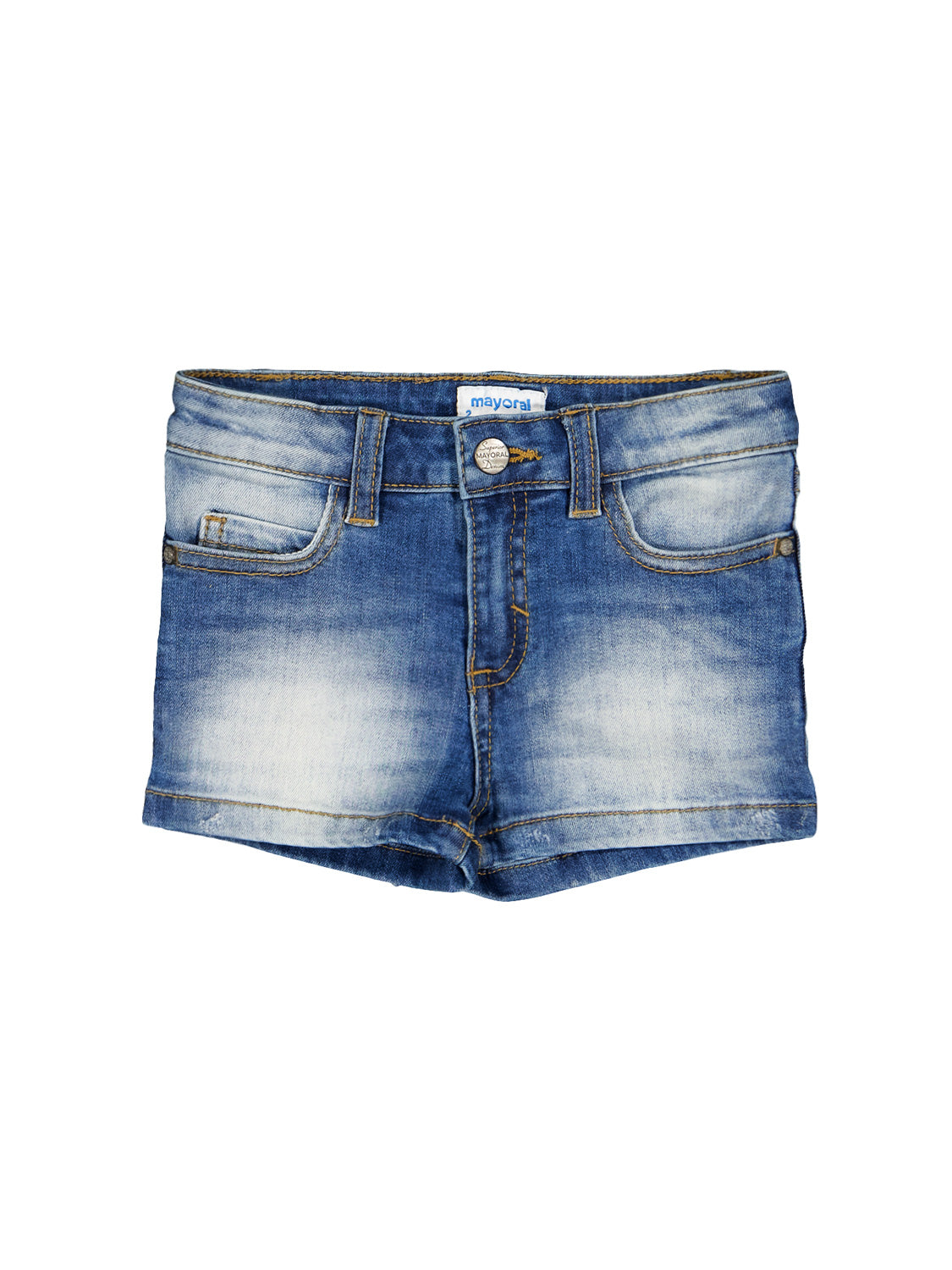 Shorts Blau: Jeansshorts mit verwaschenem Look, Gürtelschlaufen, Fronttaschen und Knopf-Reißverschluss. Label mayoral am Bund für stilvolle Kindermode.