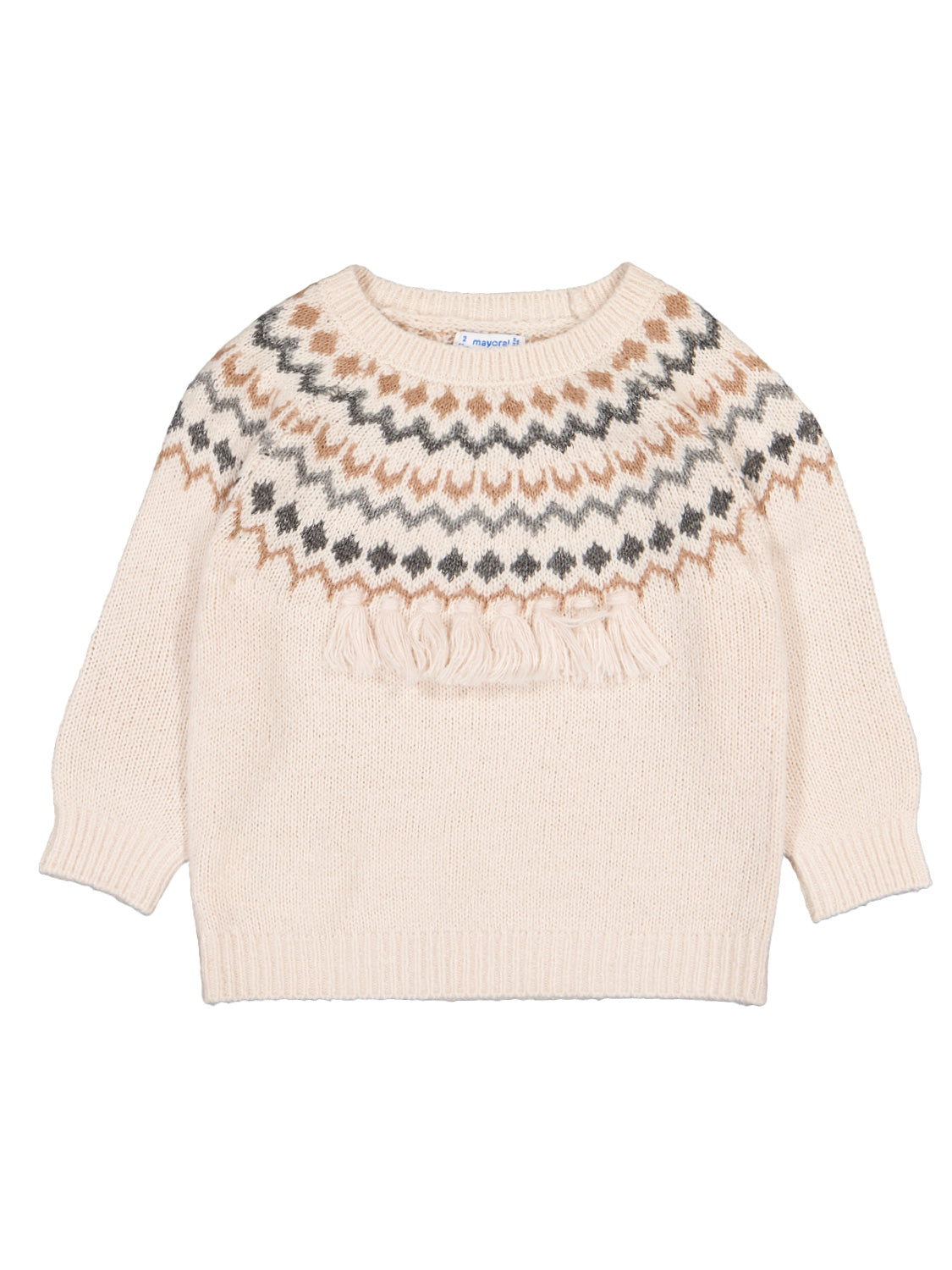 Pullover Beige: Cremefarbener Strickpullover mit langem Arm, rundem Ausschnitt und Fair-Isle-Muster mit Fransen, passend für stilvolle Babymode.