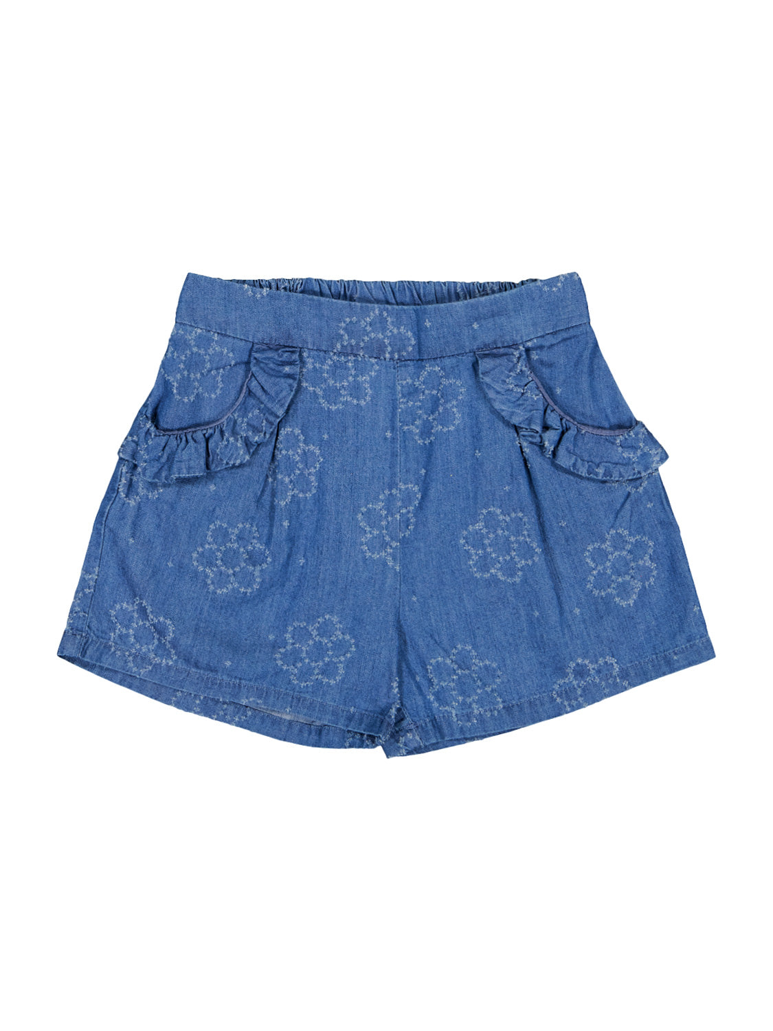 Shorts Blau: Leichte Denim-Shorts mit floralem Print, elastischem Bund und zwei Rüschen-Fronttaschen, ideal für einen stilvollen und bequemen Look für Kinder.