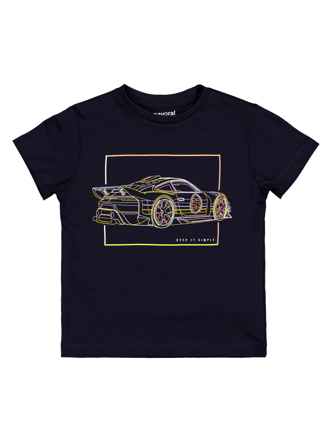 Dunkelblaues T-Shirt Schwarz mit Neon-Rennwagen-Print und dem Slogan „Keep It Simple“, ideal für kleine Autofans.